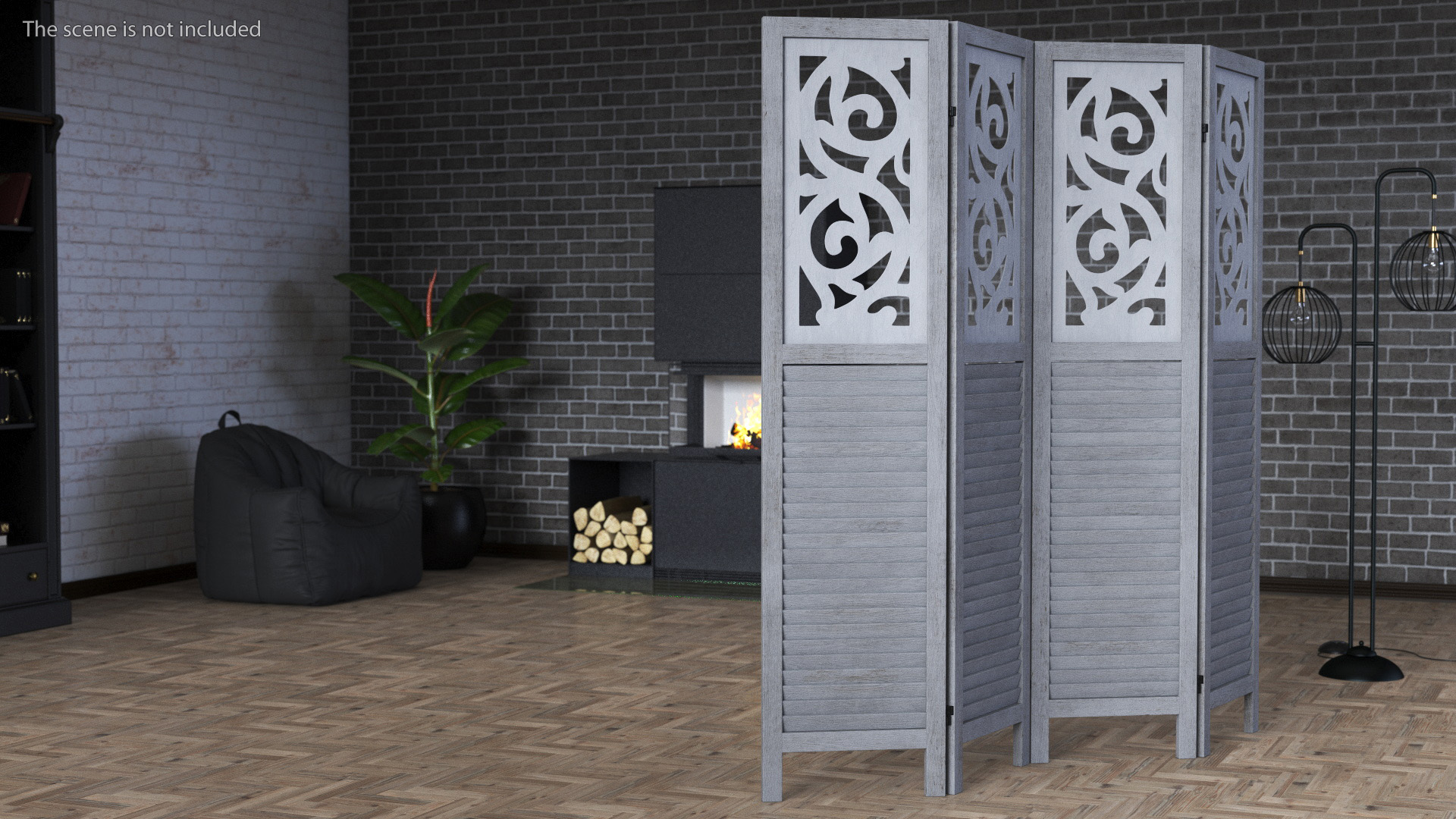 Gray Carved Wood Folding Room Divider 3D