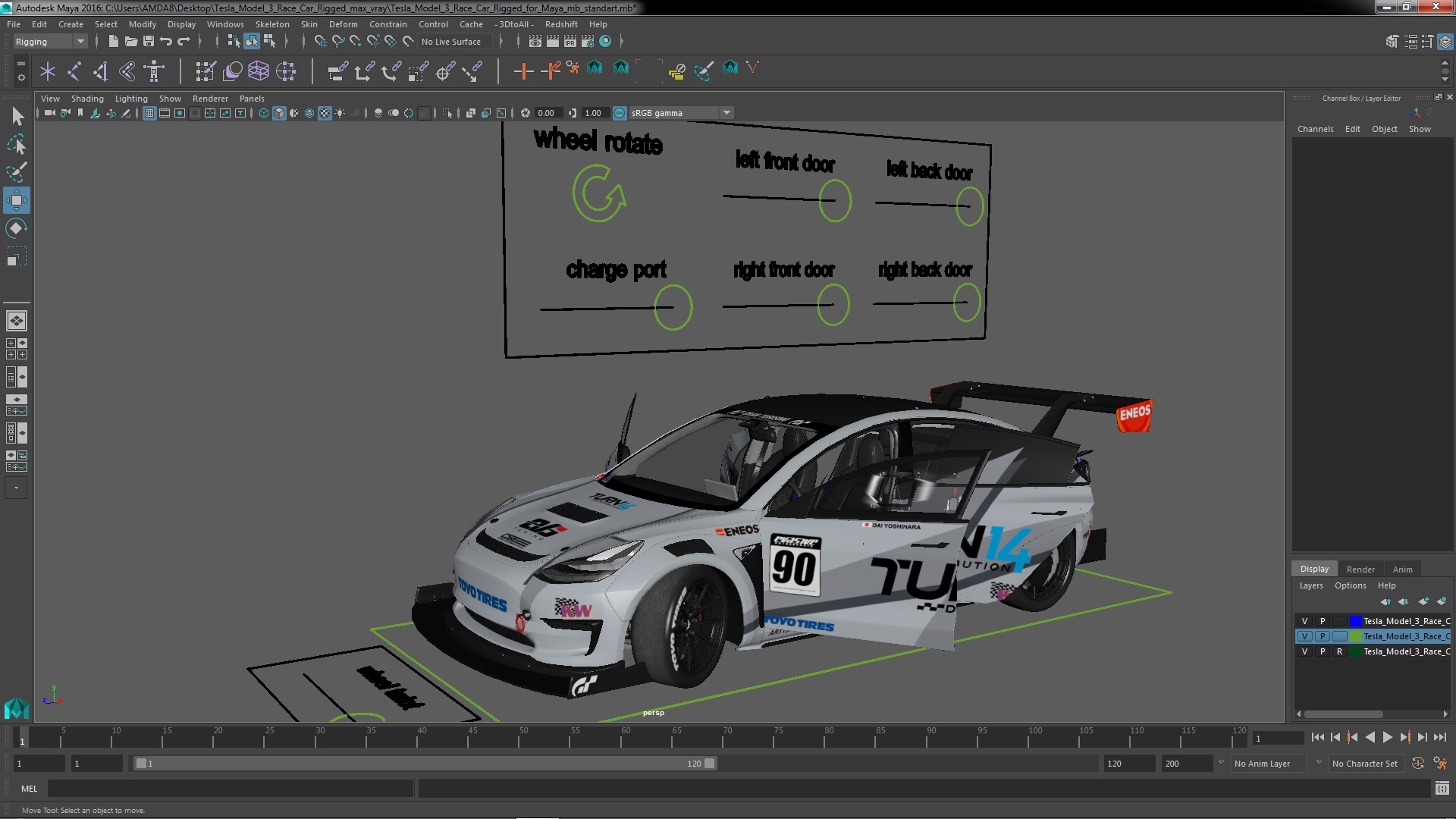 3D Tesla Model 3 Race Car Rigged for Maya model