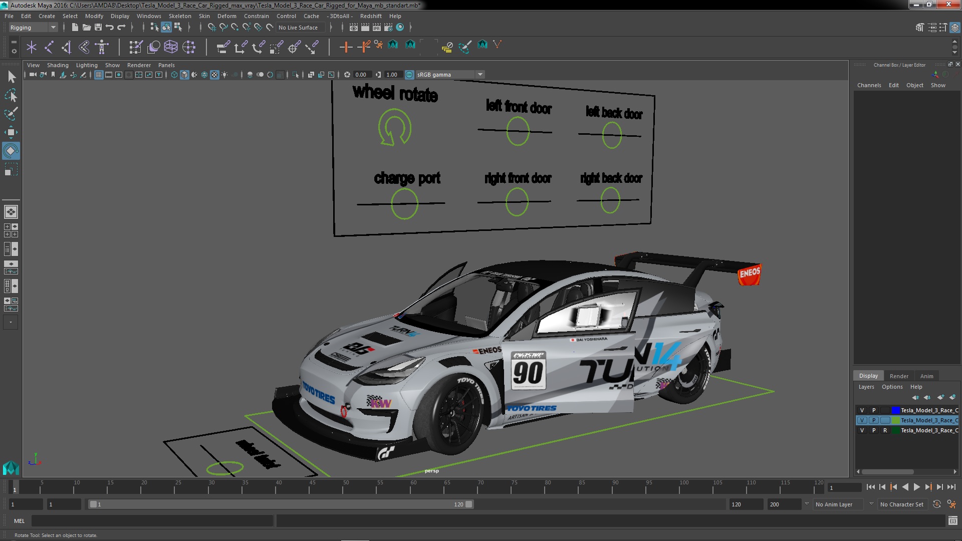 3D Tesla Model 3 Race Car Rigged for Maya model