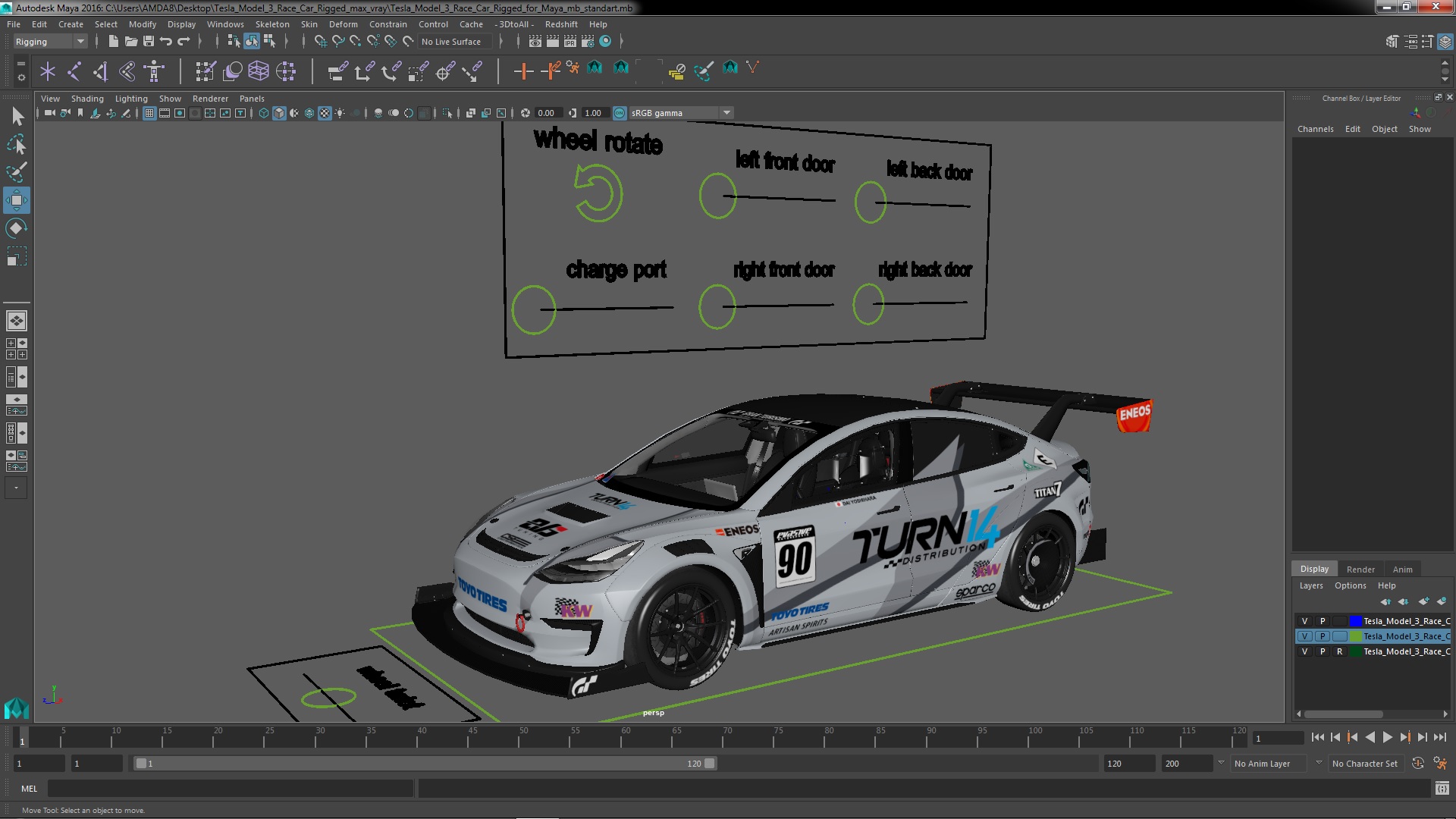 3D Tesla Model 3 Race Car Rigged for Maya model
