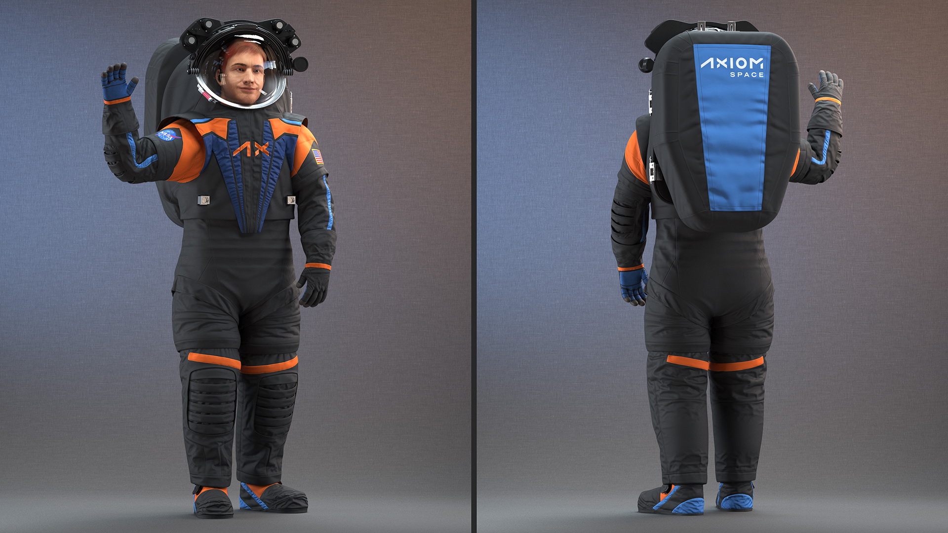 3D Modern NASA Spacesuit Axiom on Astronaut Waving Pose Fur