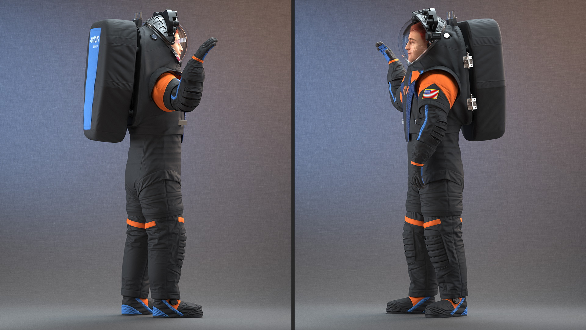 3D Modern NASA Spacesuit Axiom on Astronaut Waving Pose Fur