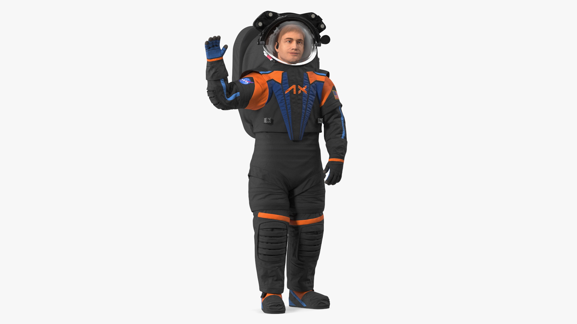 3D Modern NASA Spacesuit Axiom on Astronaut Waving Pose Fur
