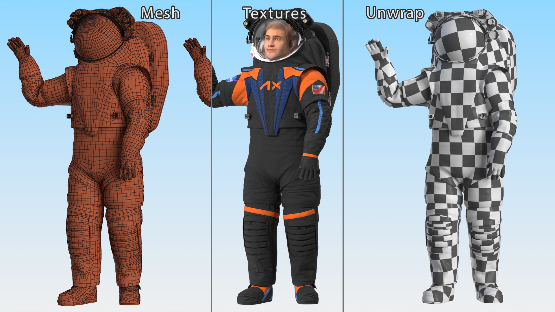 3D Modern NASA Spacesuit Axiom on Astronaut Waving Pose Fur
