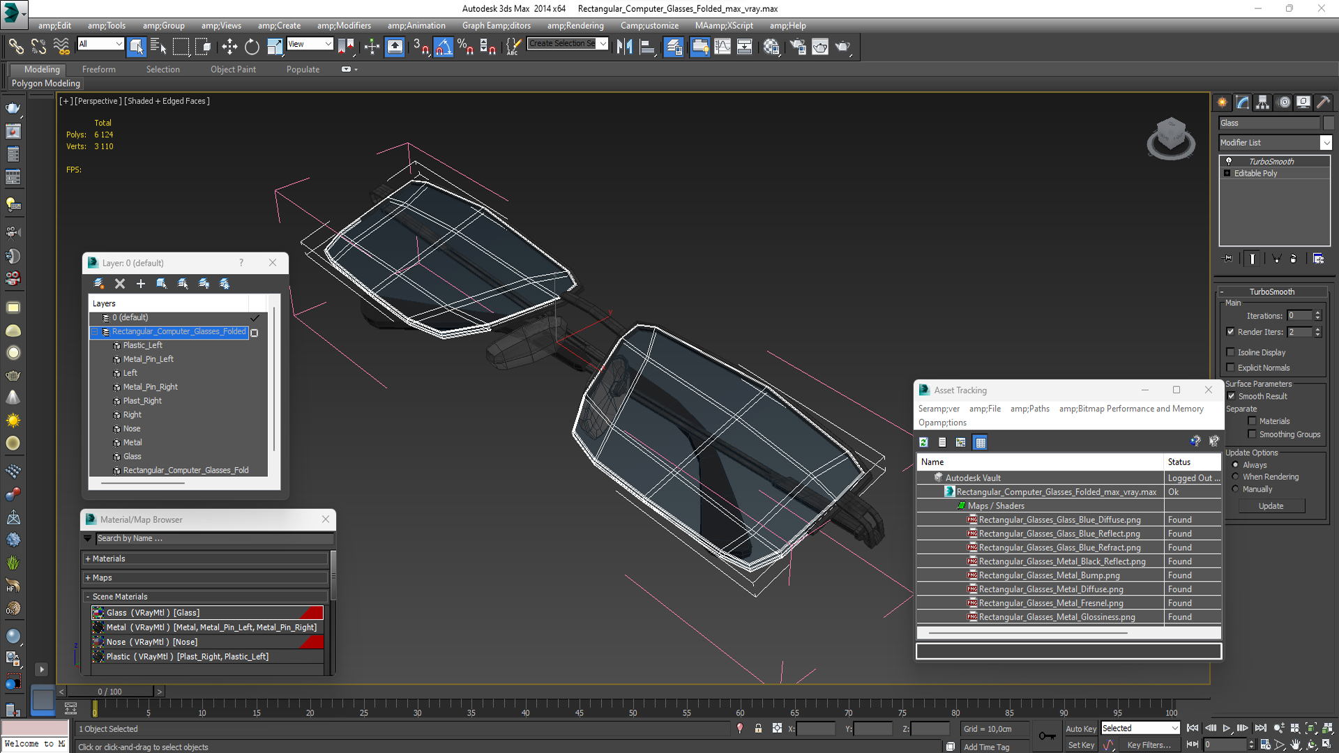 3D model Rectangular Computer Glasses Folded