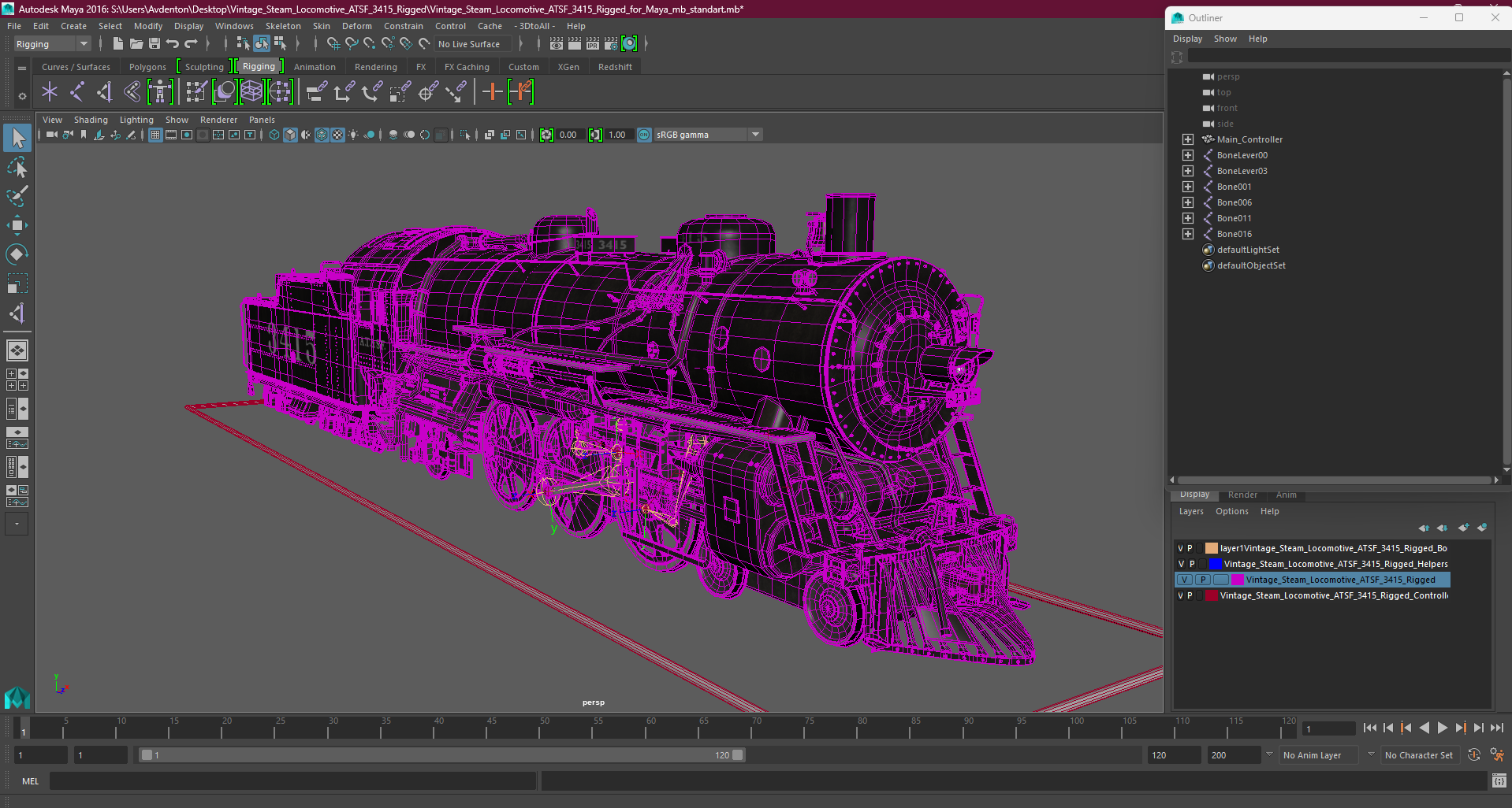3D model Vintage Steam Locomotive ATSF 3415 Rigged for Maya