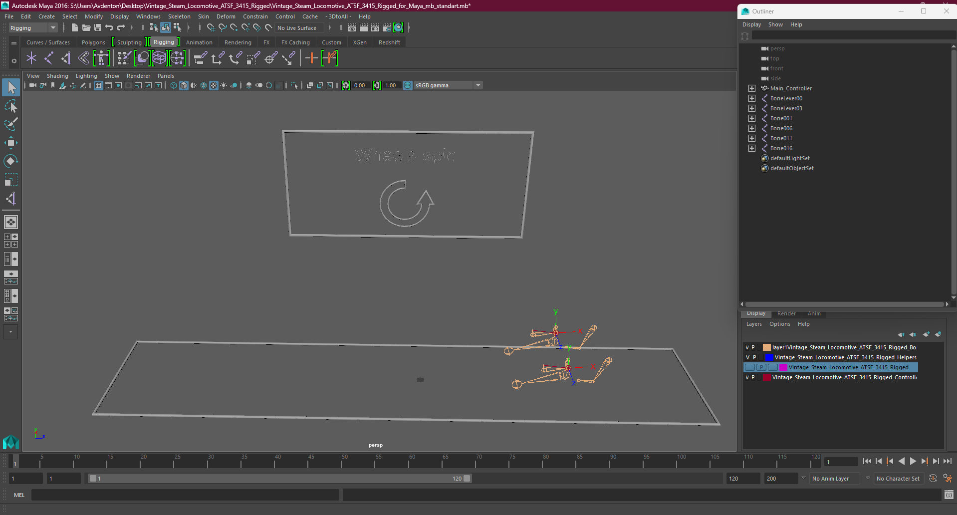 3D model Vintage Steam Locomotive ATSF 3415 Rigged for Maya