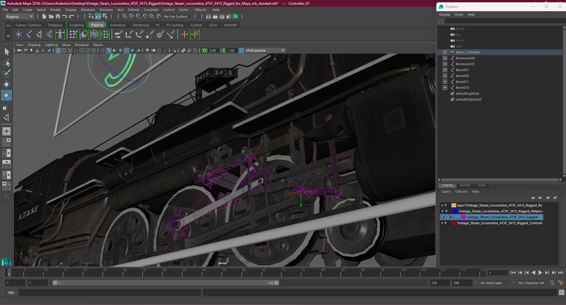 3D model Vintage Steam Locomotive ATSF 3415 Rigged for Maya