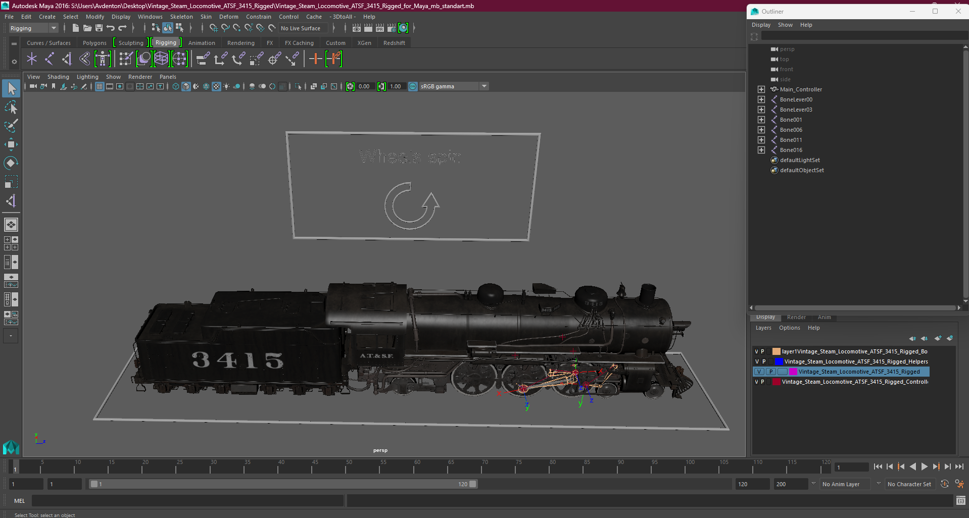3D model Vintage Steam Locomotive ATSF 3415 Rigged for Maya