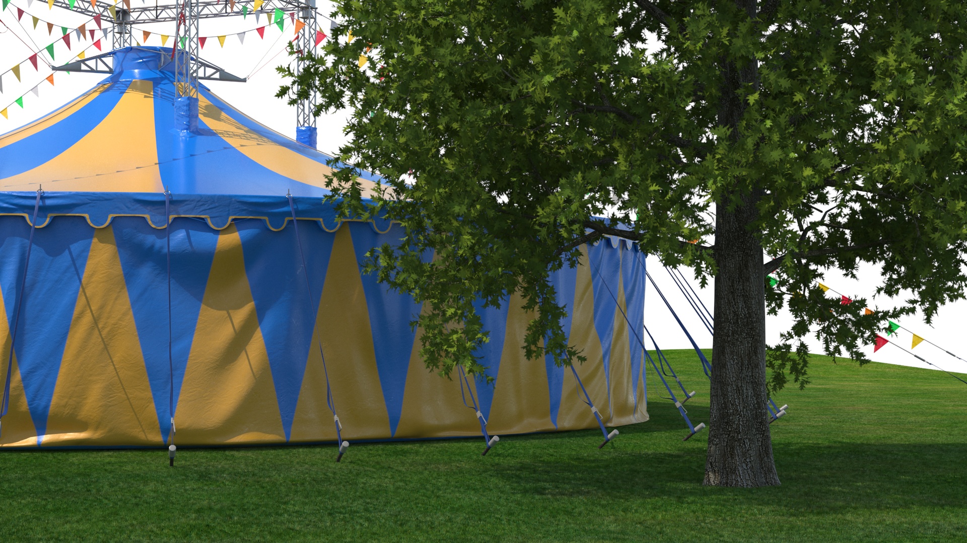 Circus Tent with Flags and Trees in Park with Fur 3D model