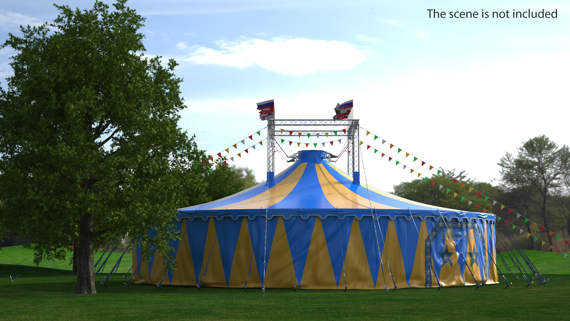 Circus Tent with Flags and Trees in Park with Fur 3D model