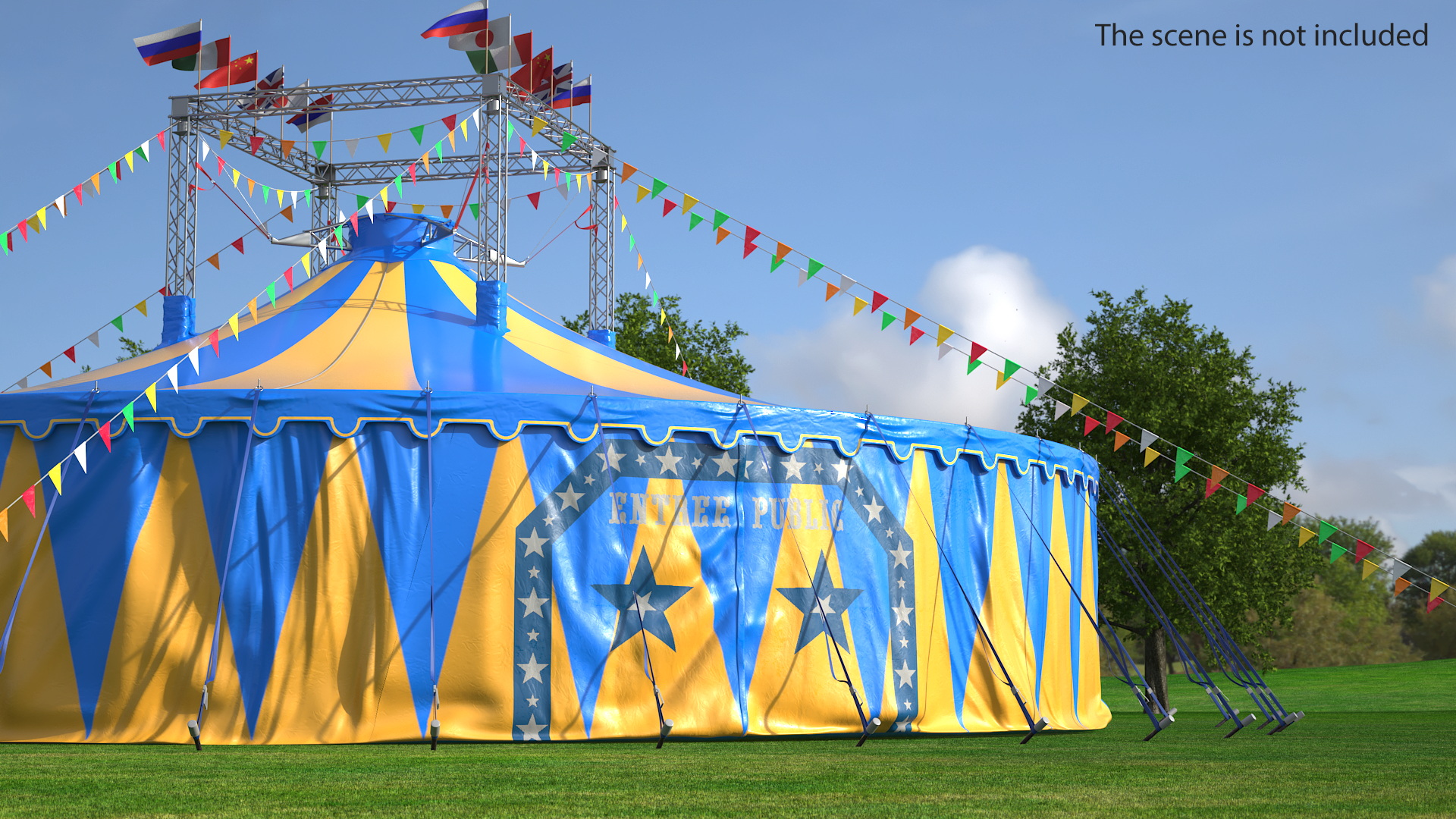 Circus Tent with Flags and Trees in Park with Fur 3D model