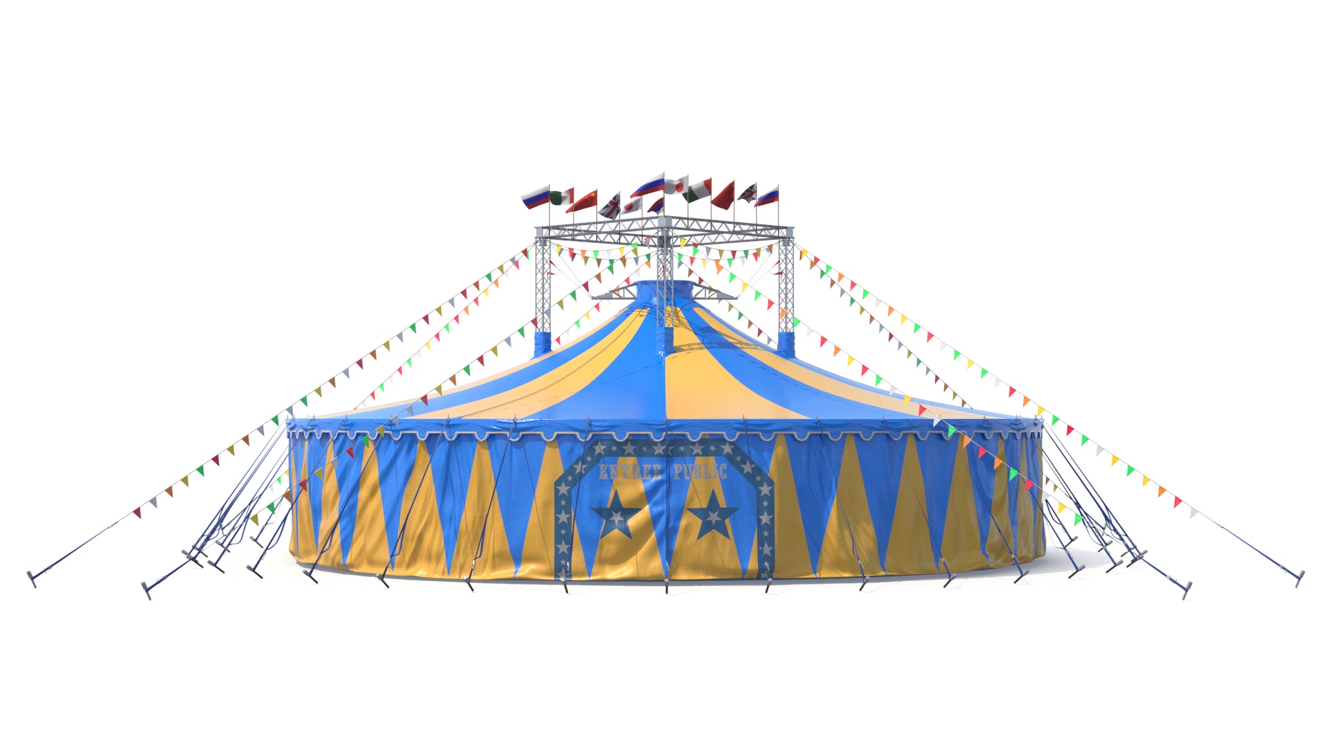 Circus Tent with Flags and Trees in Park with Fur 3D model