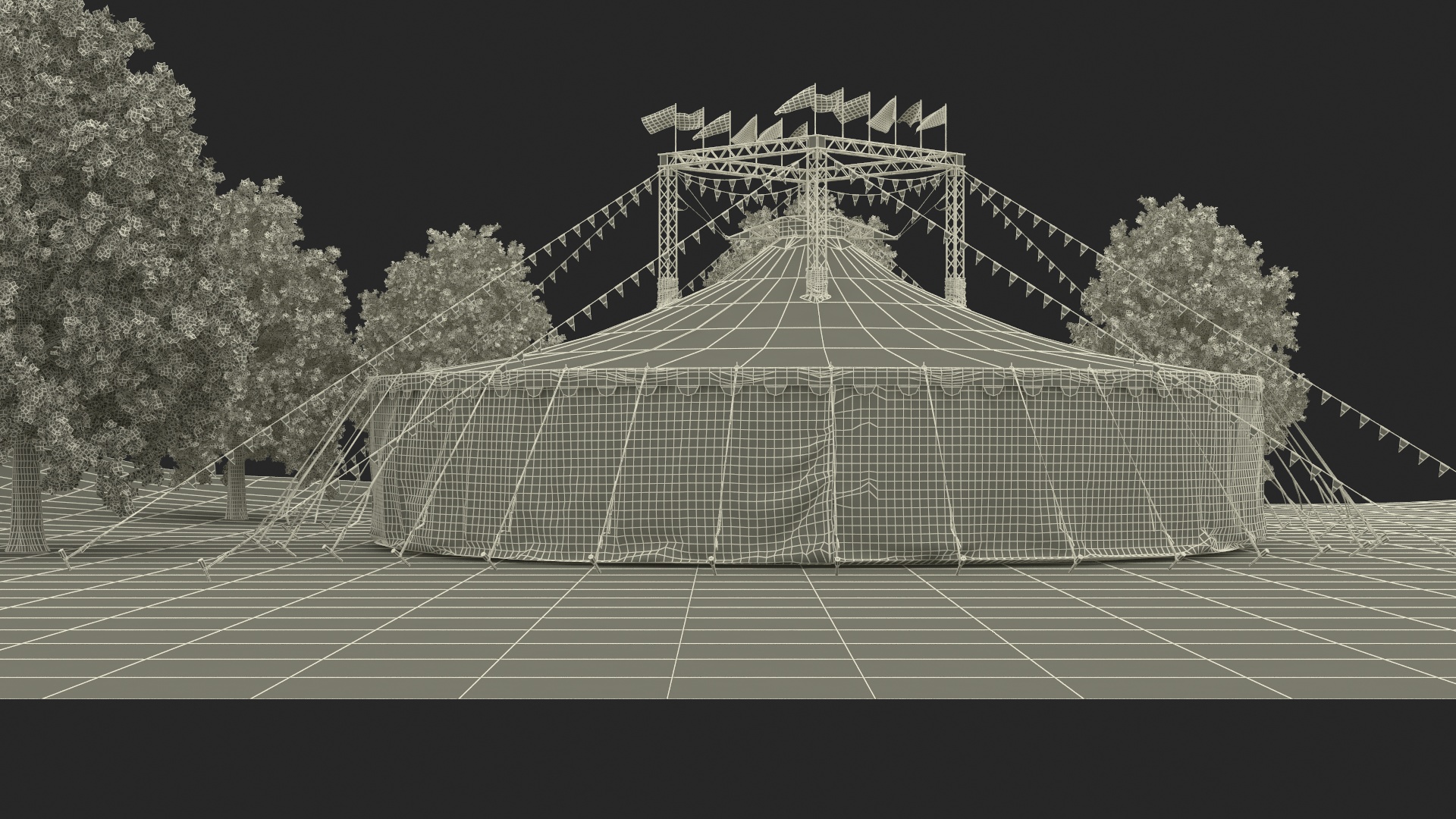 Circus Tent with Flags and Trees in Park with Fur 3D model