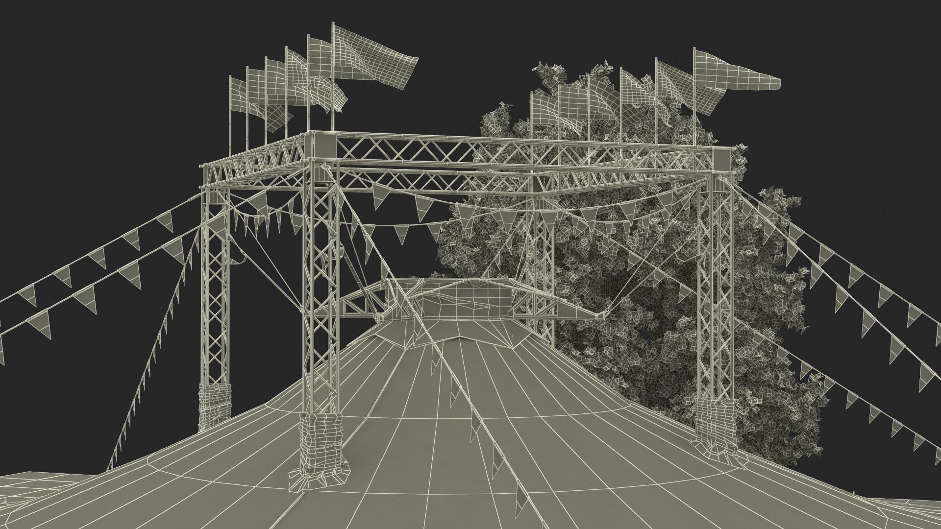 Circus Tent with Flags and Trees in Park with Fur 3D model