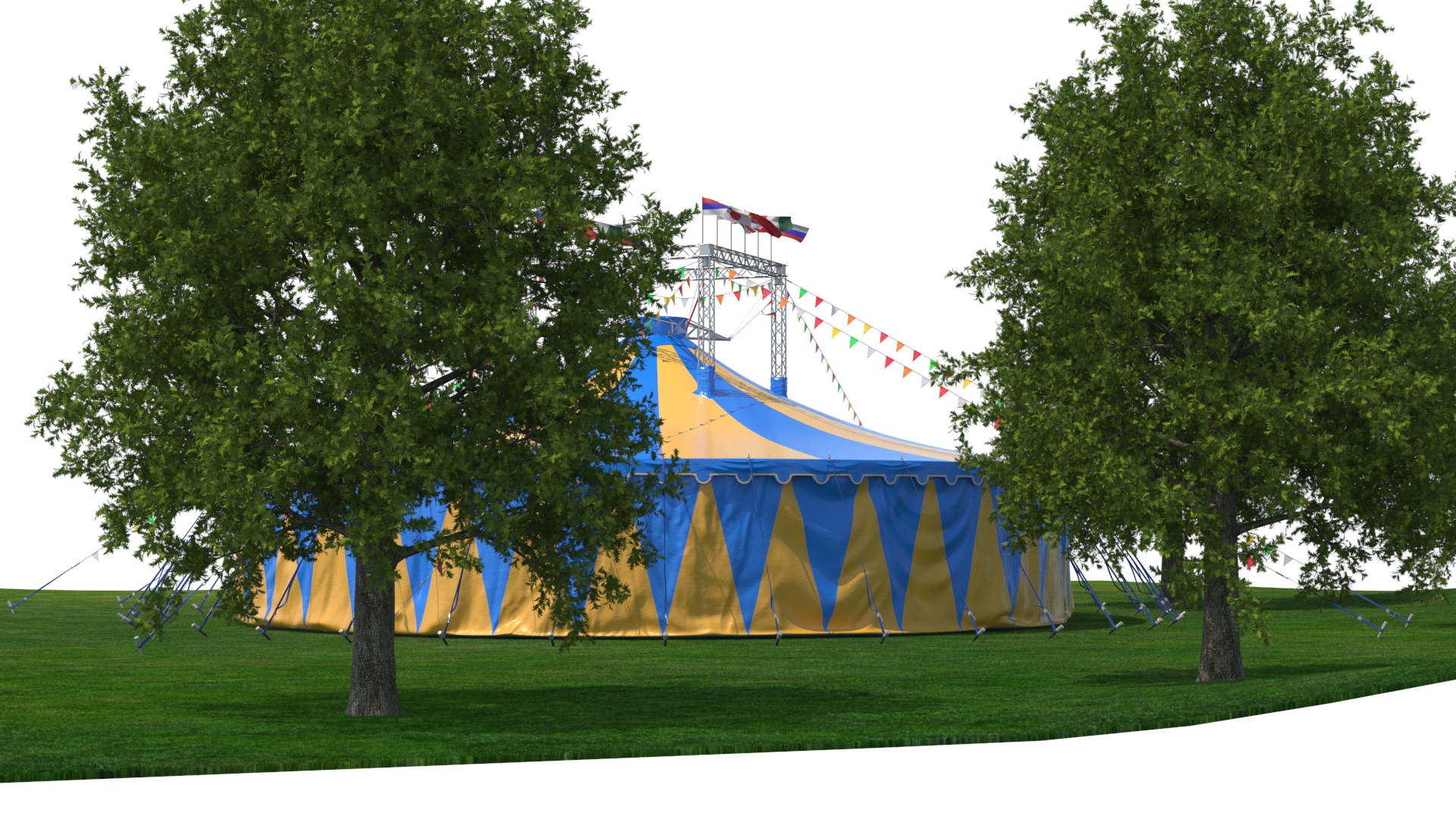 Circus Tent with Flags and Trees in Park with Fur 3D model