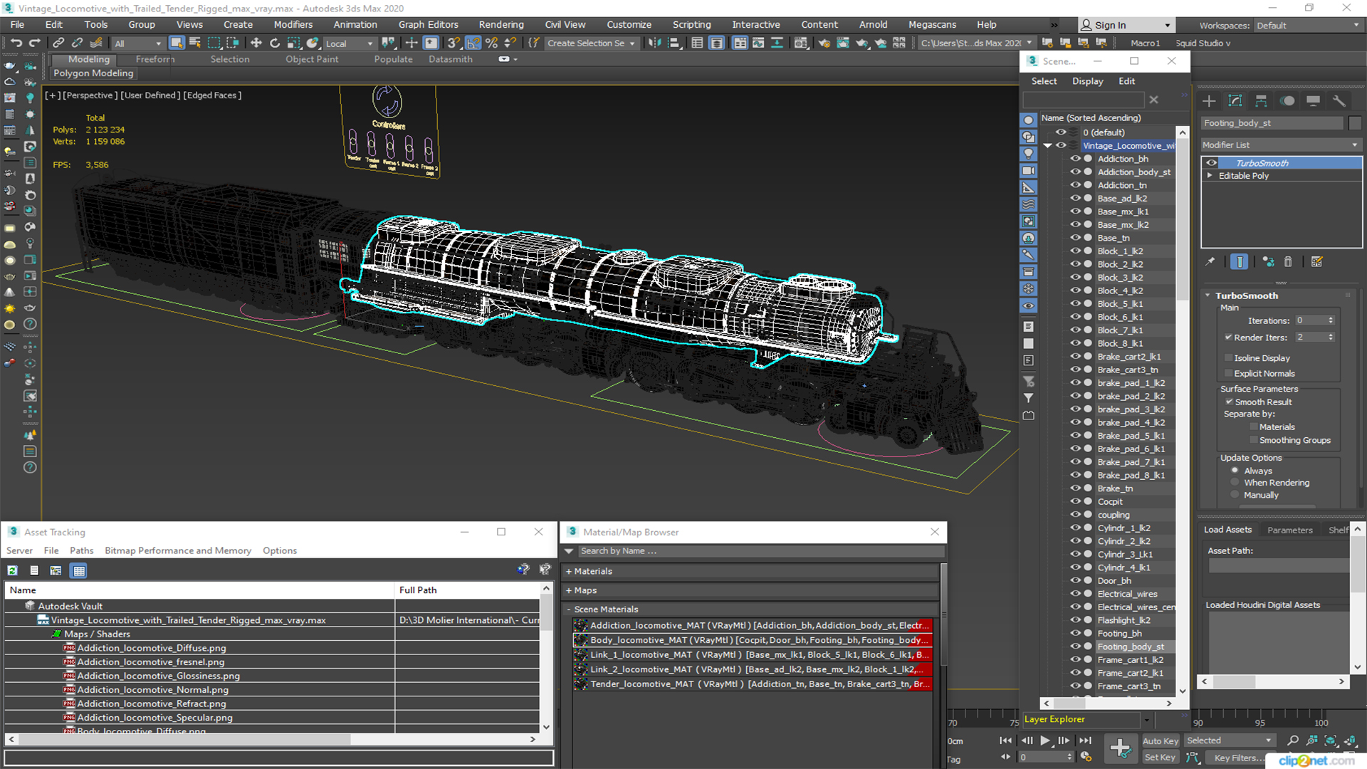 Vintage Locomotive with Trailed Tender Rigged for Maya 3D model