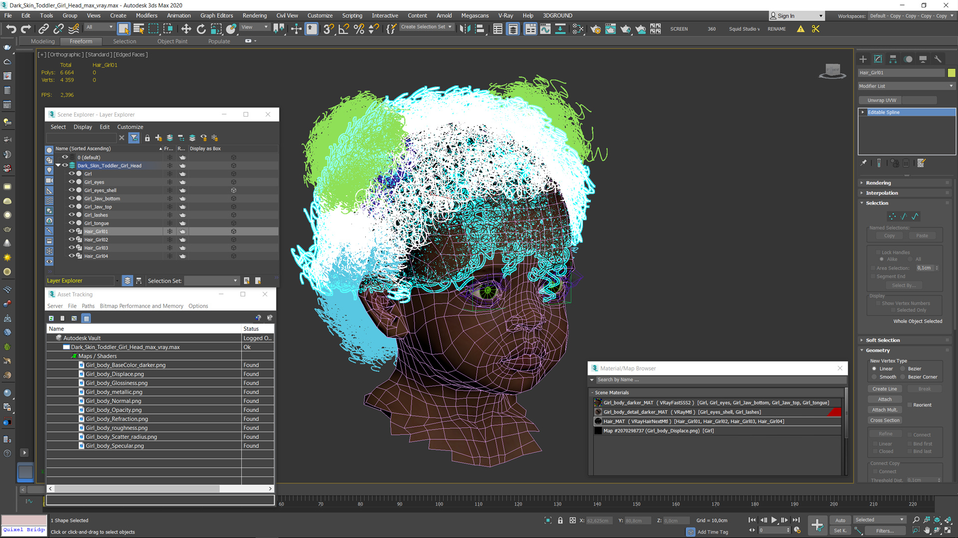 Dark Skin Toddler Girl Head 3D