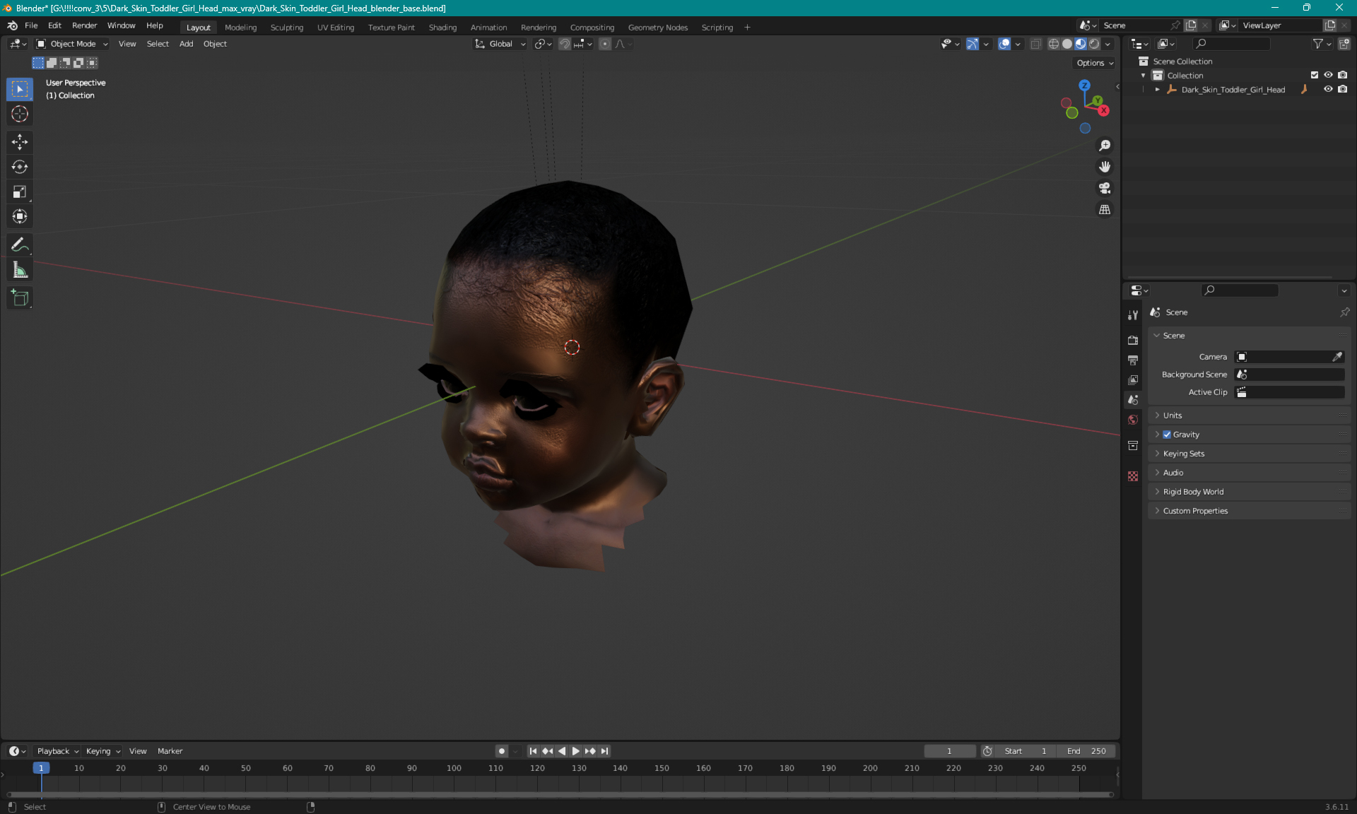 Dark Skin Toddler Girl Head 3D