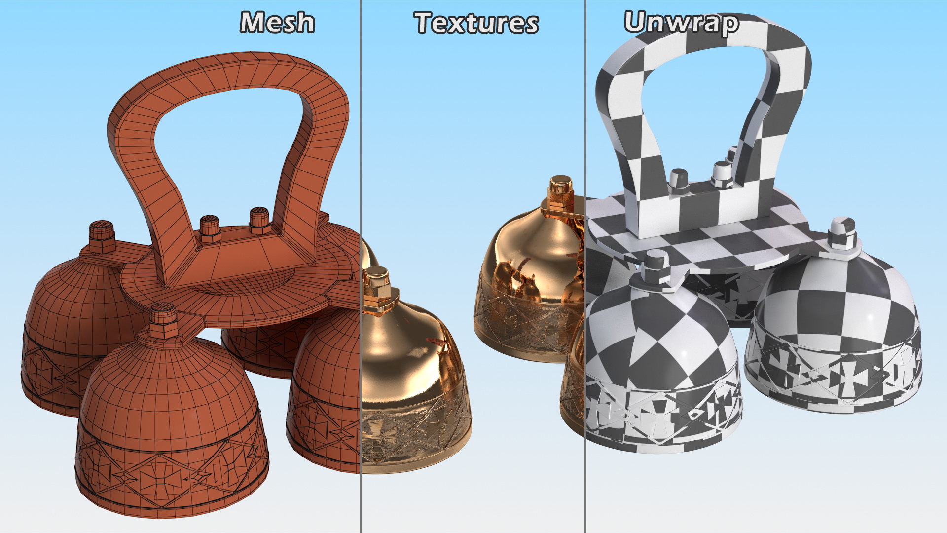 3D Brass Liturgical Bell 4 Tones Wood Handle