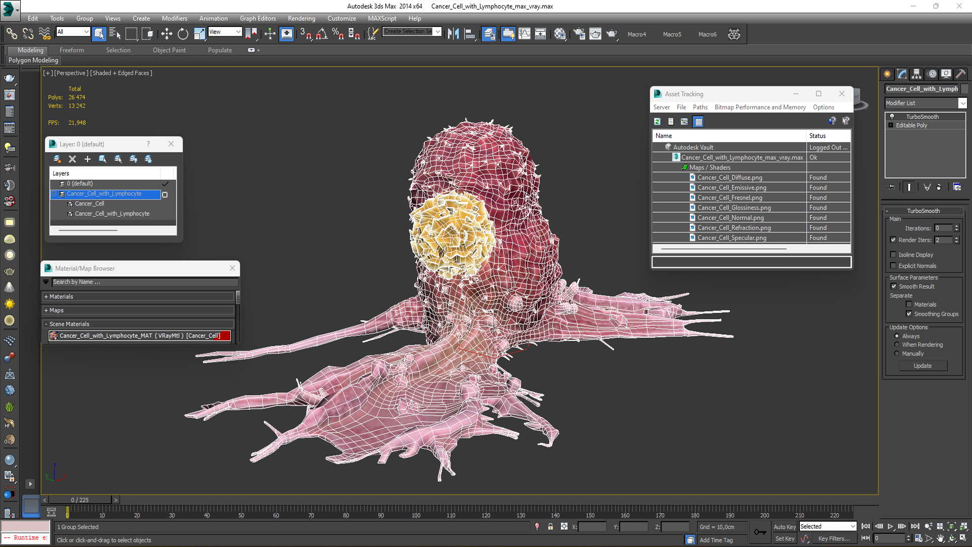 3D model Cancer Cell with 3 Lymphocytes