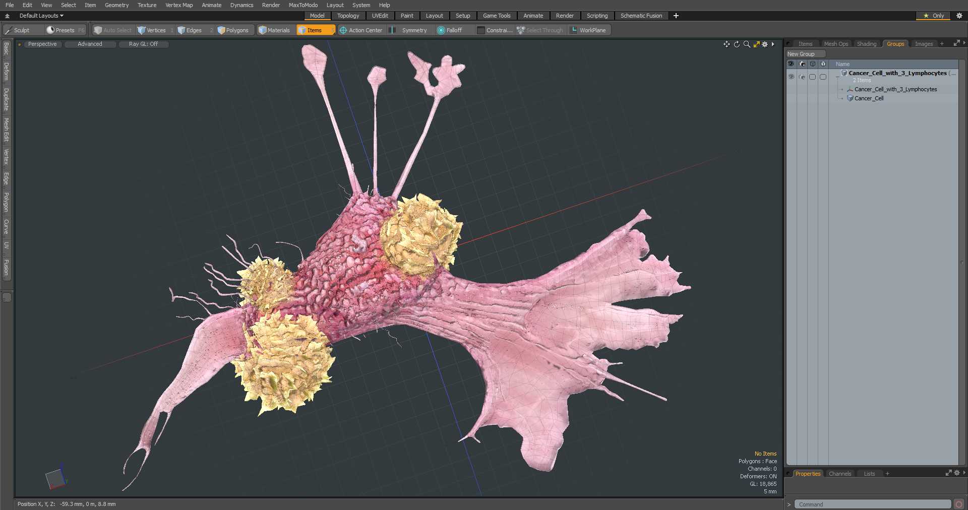 3D model Cancer Cell with 3 Lymphocytes