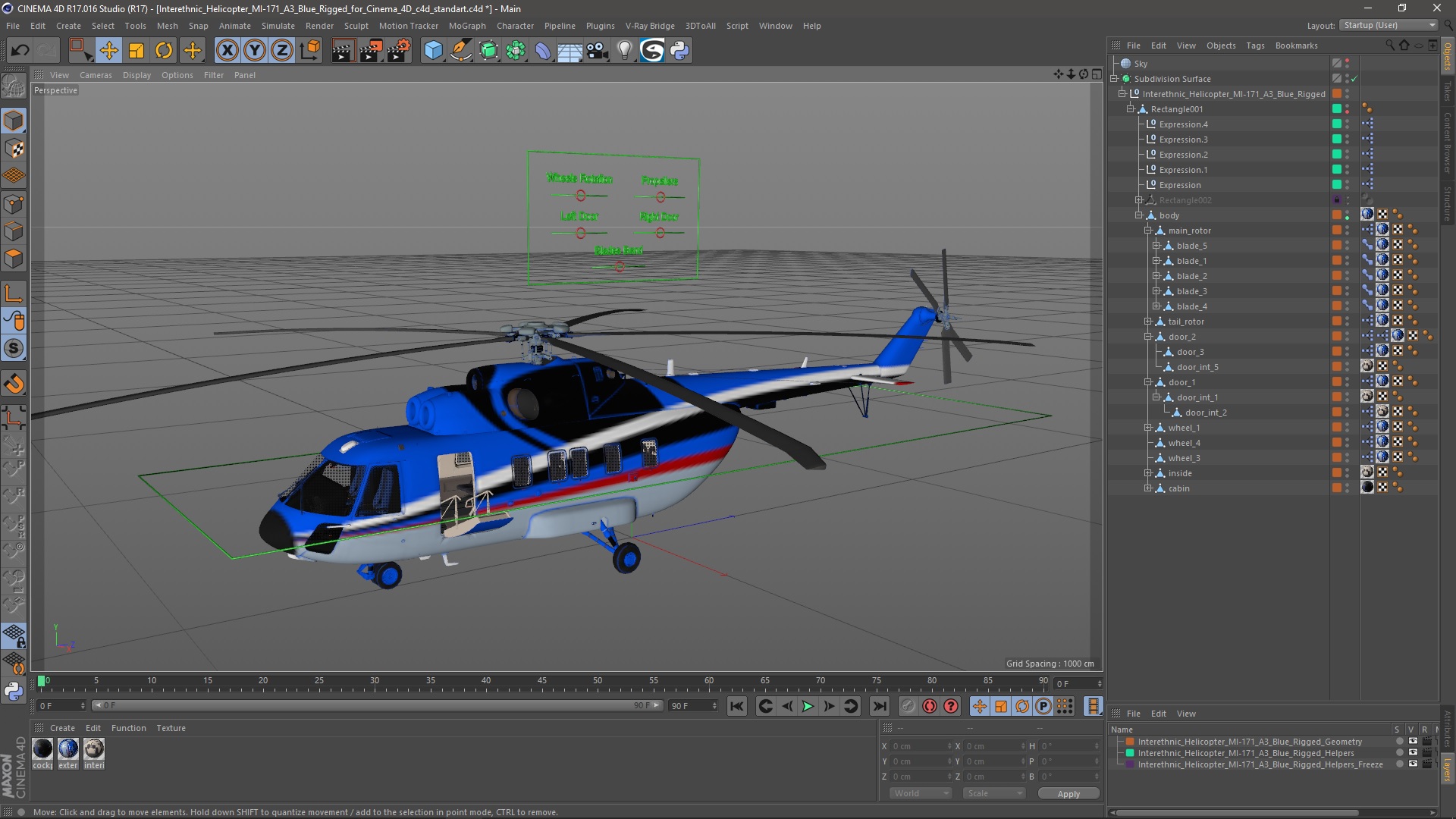 3D Interethnic Helicopter MI-171 A3 Blue Rigged for Cinema 4D model