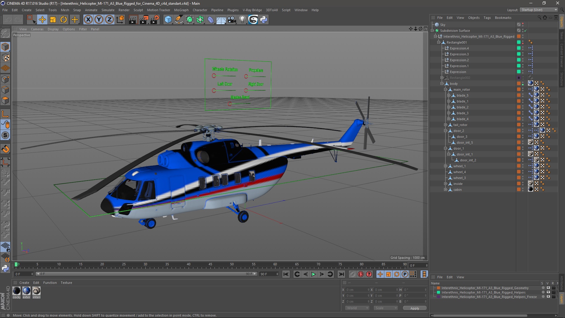 3D Interethnic Helicopter MI-171 A3 Blue Rigged for Cinema 4D model