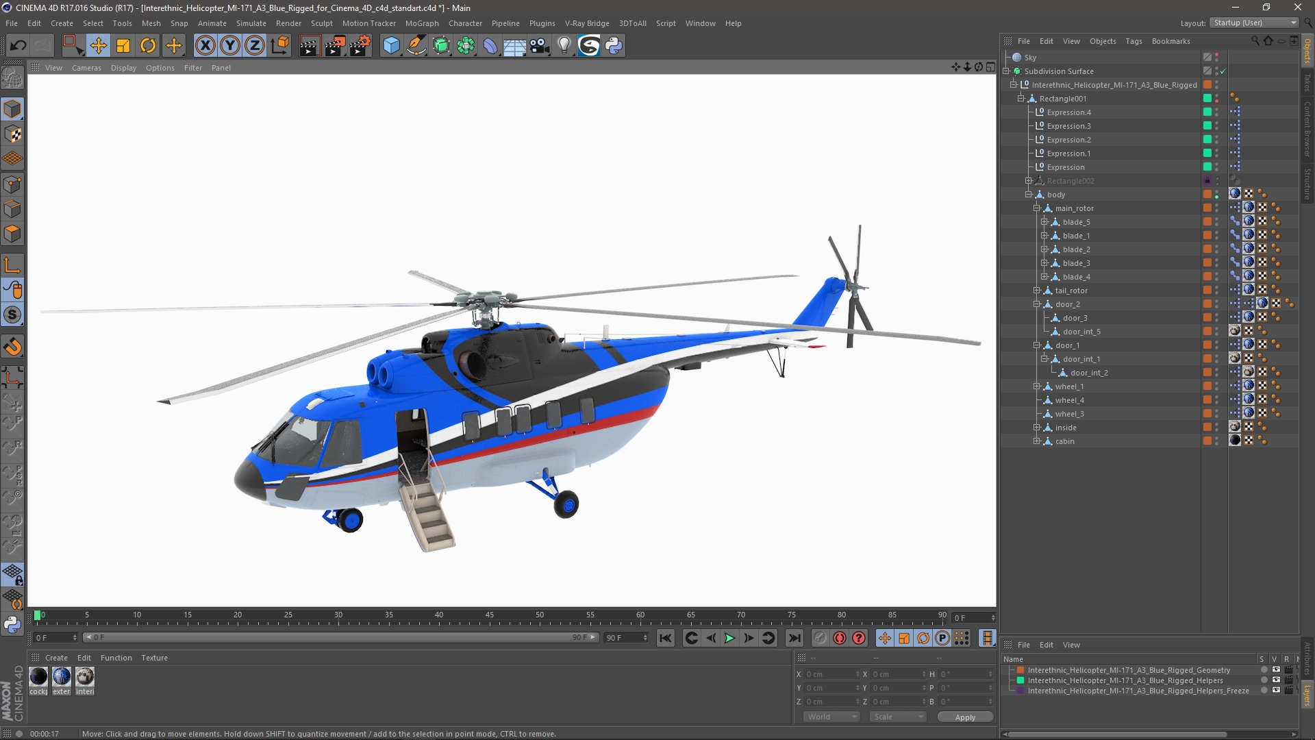 3D Interethnic Helicopter MI-171 A3 Blue Rigged for Cinema 4D model
