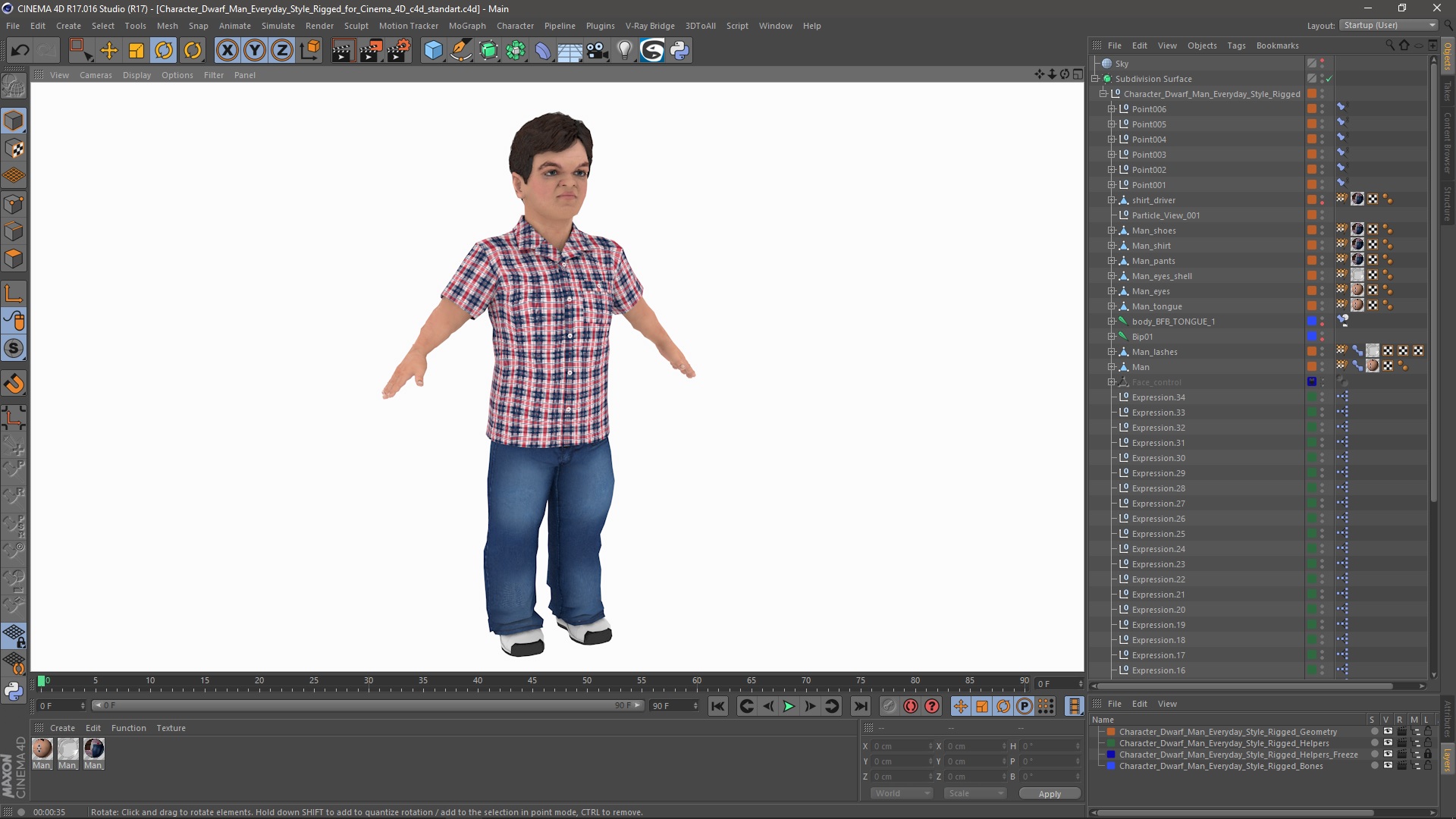 3D model Character Dwarf Man Everyday Style Rigged for Cinema 4D