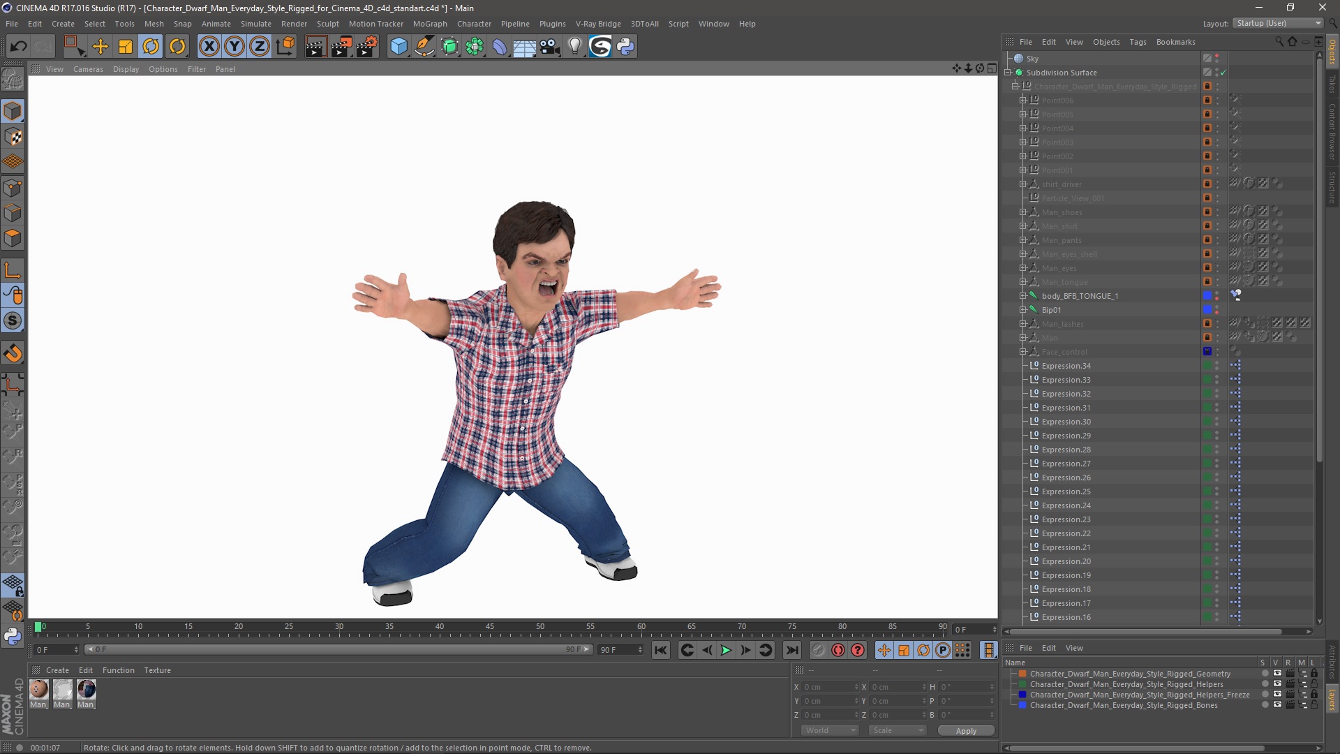 3D model Character Dwarf Man Everyday Style Rigged for Cinema 4D