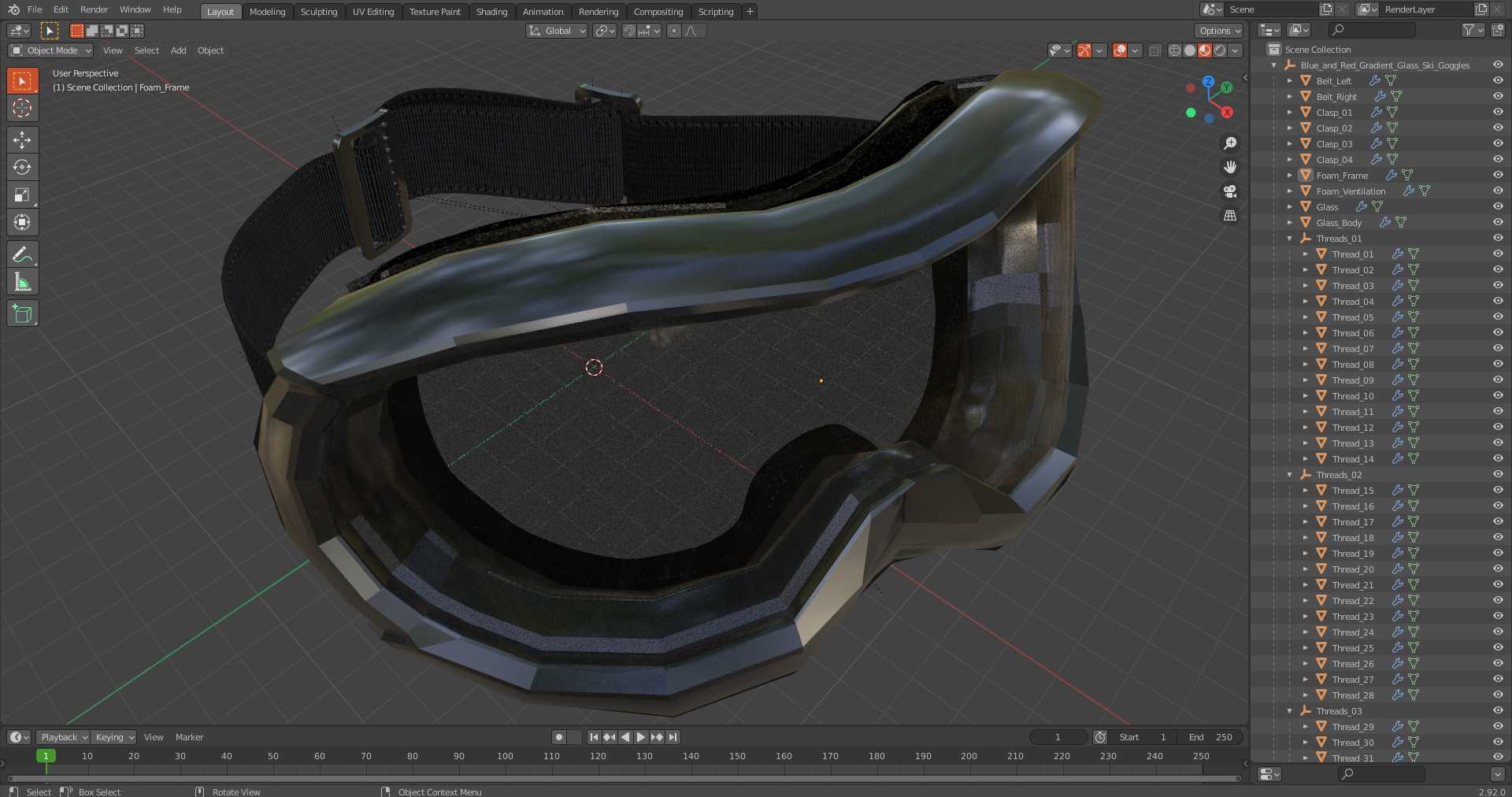 Blue and Red Gradient Glass Ski Goggles 3D model