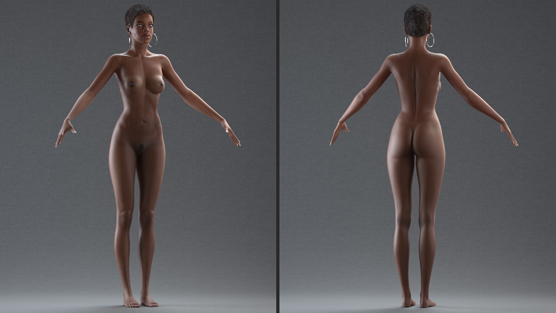 Nude Dark Skin Woman T Pose 3D