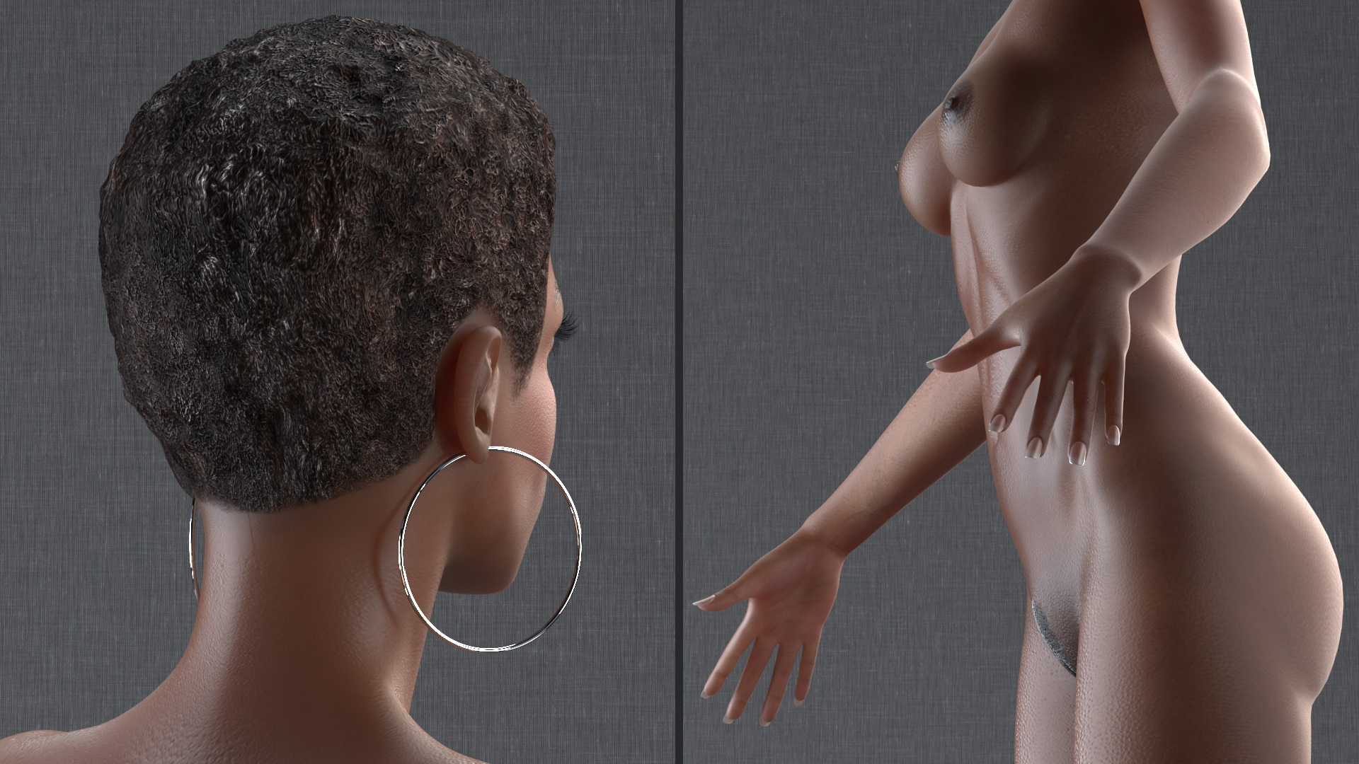 Nude Dark Skin Woman T Pose 3D