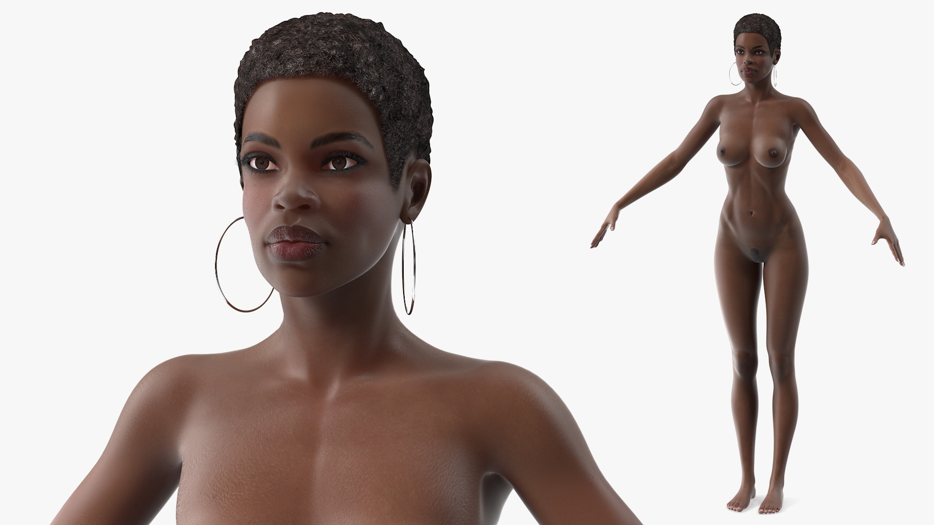 Nude Dark Skin Woman T Pose 3D