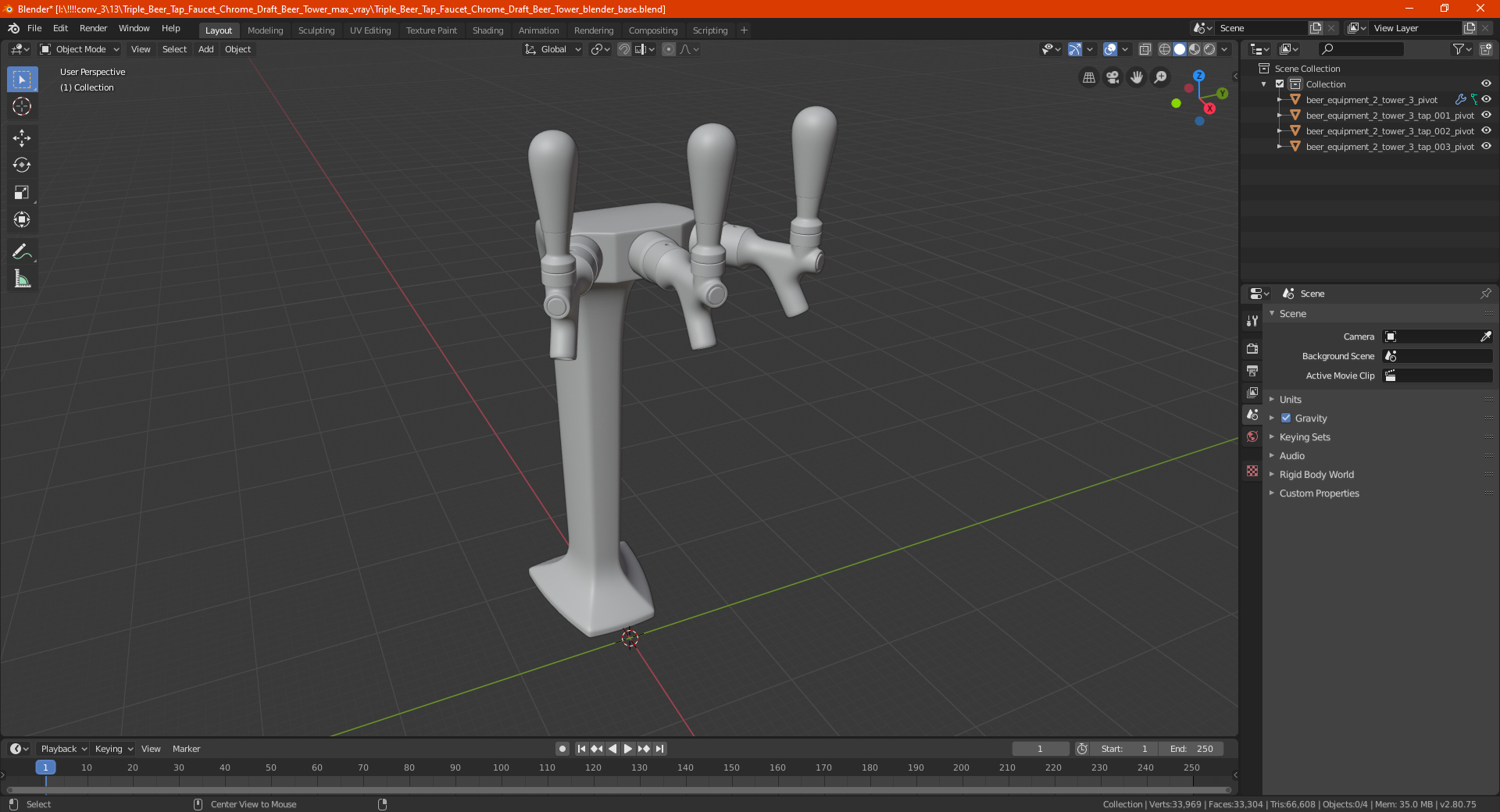 3D Triple Beer Tap Faucet Chrome Draft Beer Tower