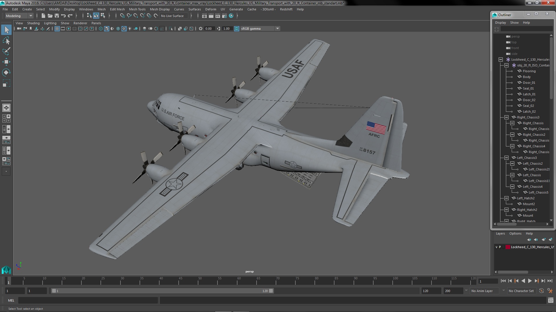 3D Lockheed C 130 Hercules US Military Transport with 20 ft Container