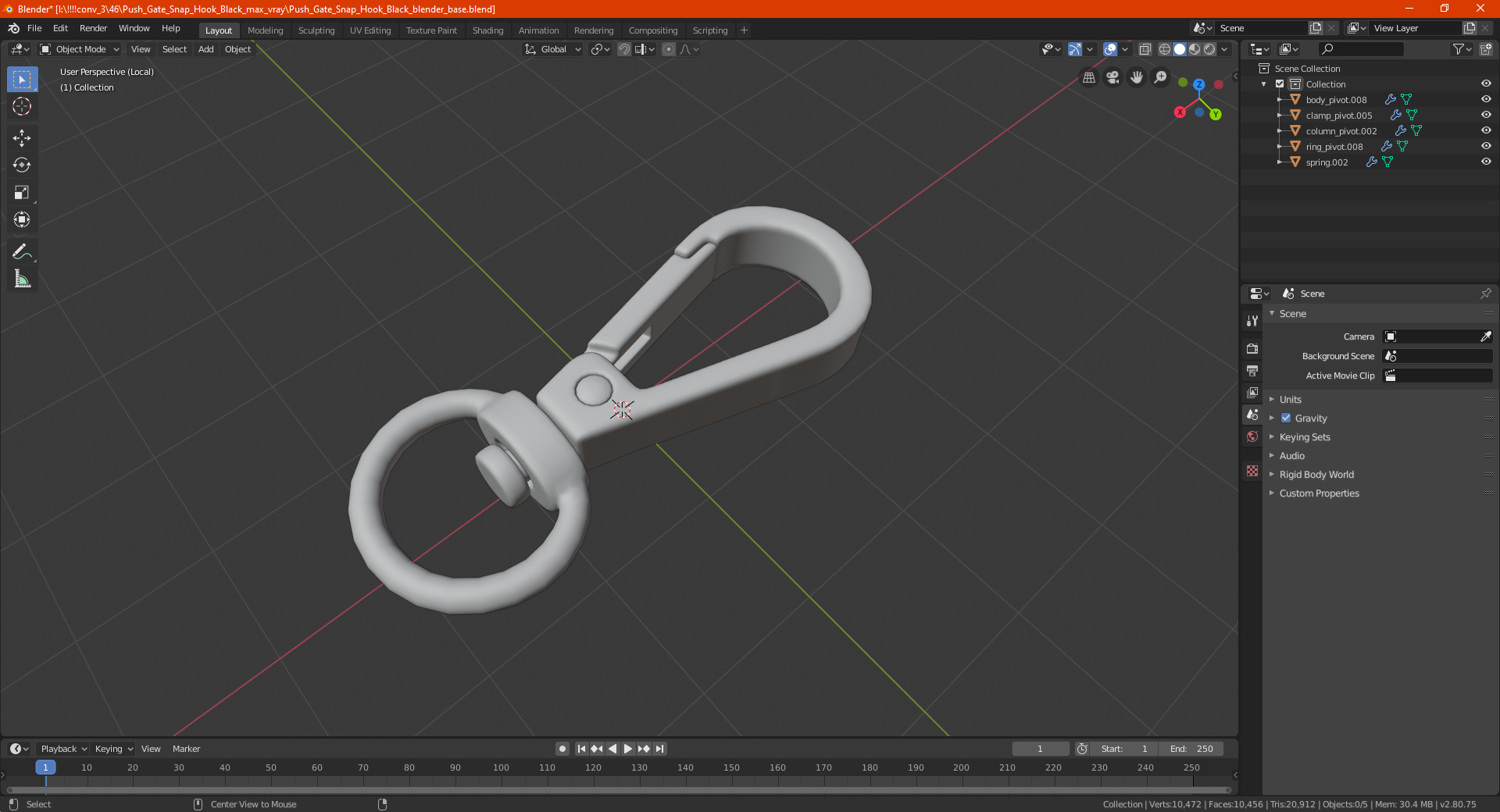 Push Gate Snap Hook Gold 3D model