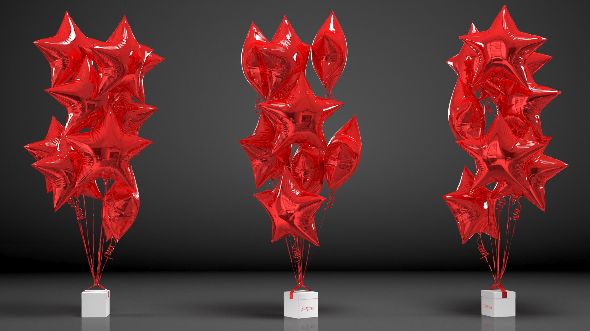 3D Star Shaped Red Balloons Tied to Gift Box