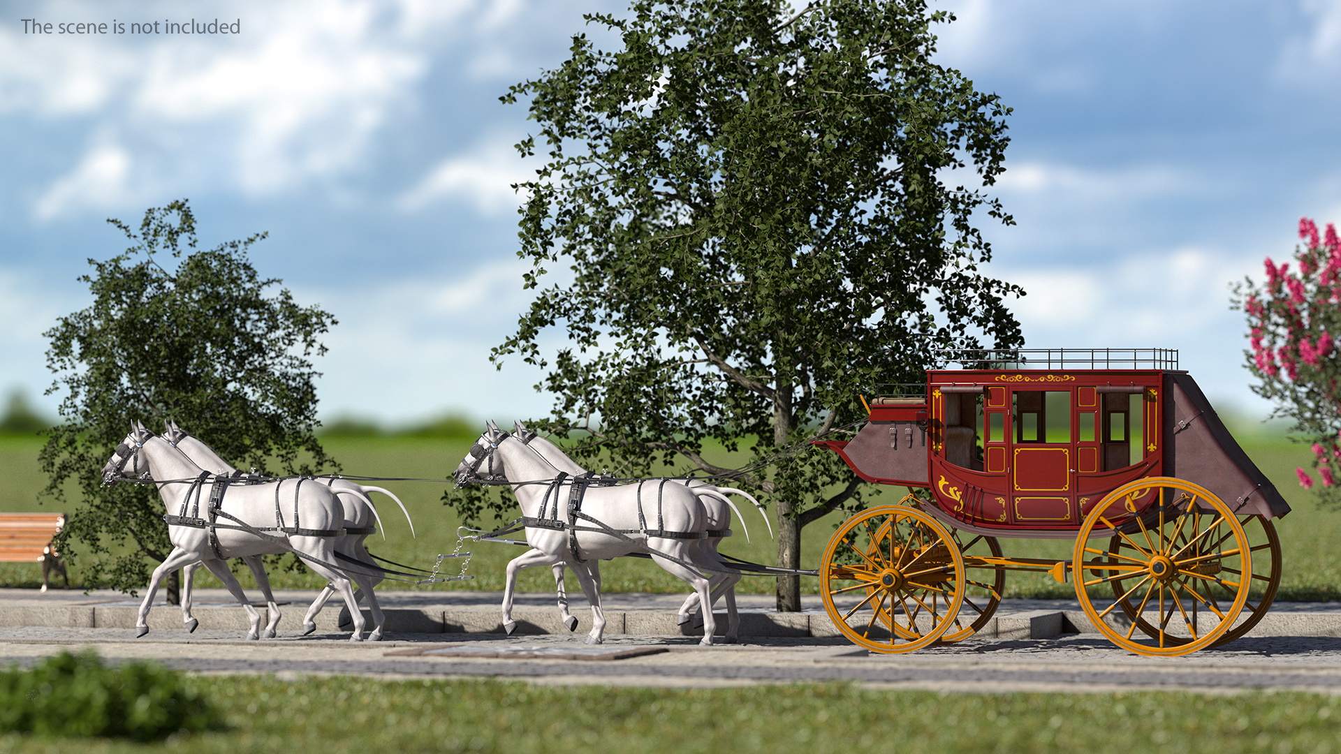 Four Horses with Stagecoach 3D