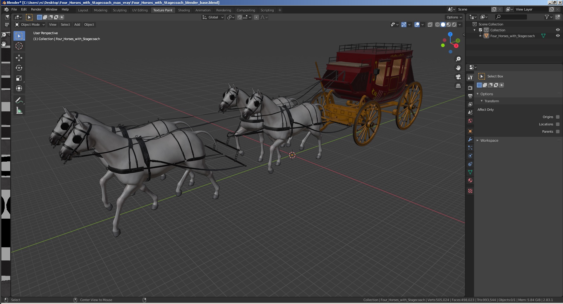 Four Horses with Stagecoach 3D