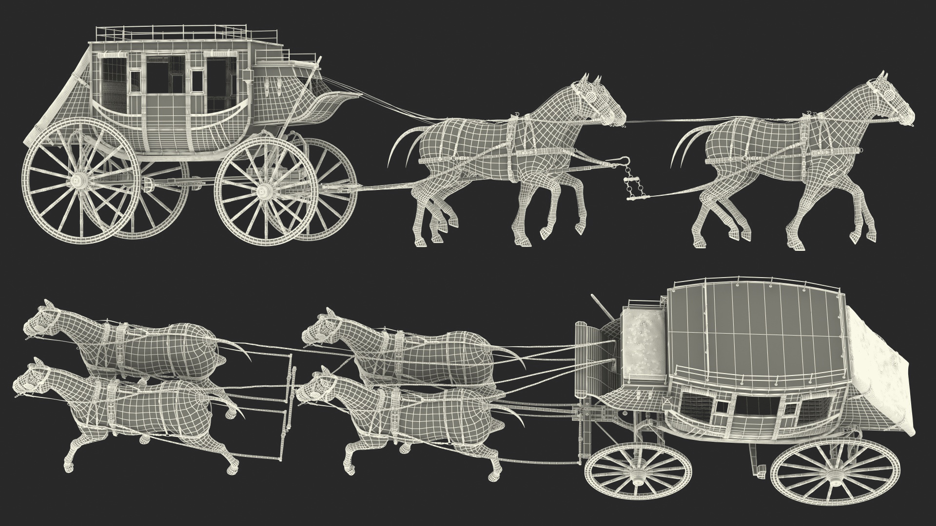 Four Horses with Stagecoach 3D