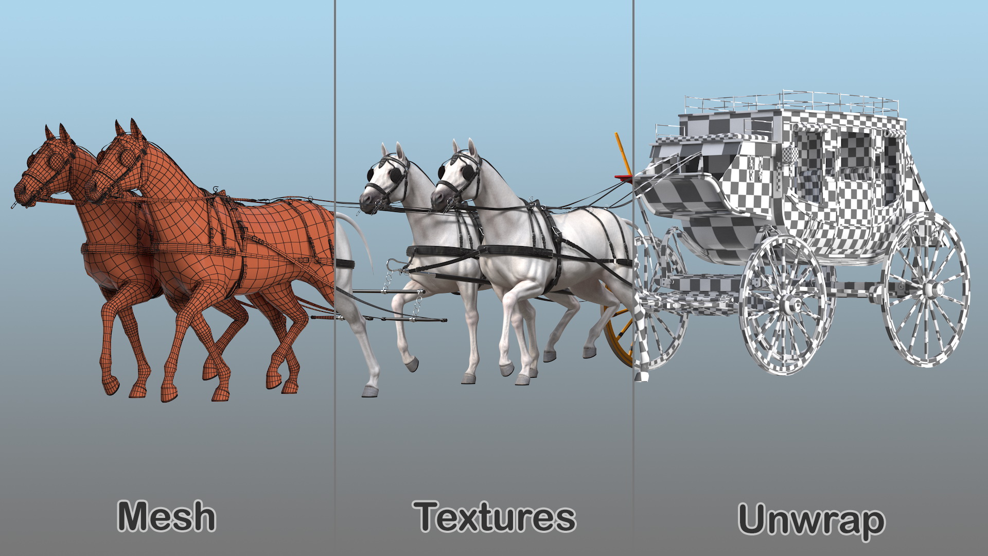 Four Horses with Stagecoach 3D