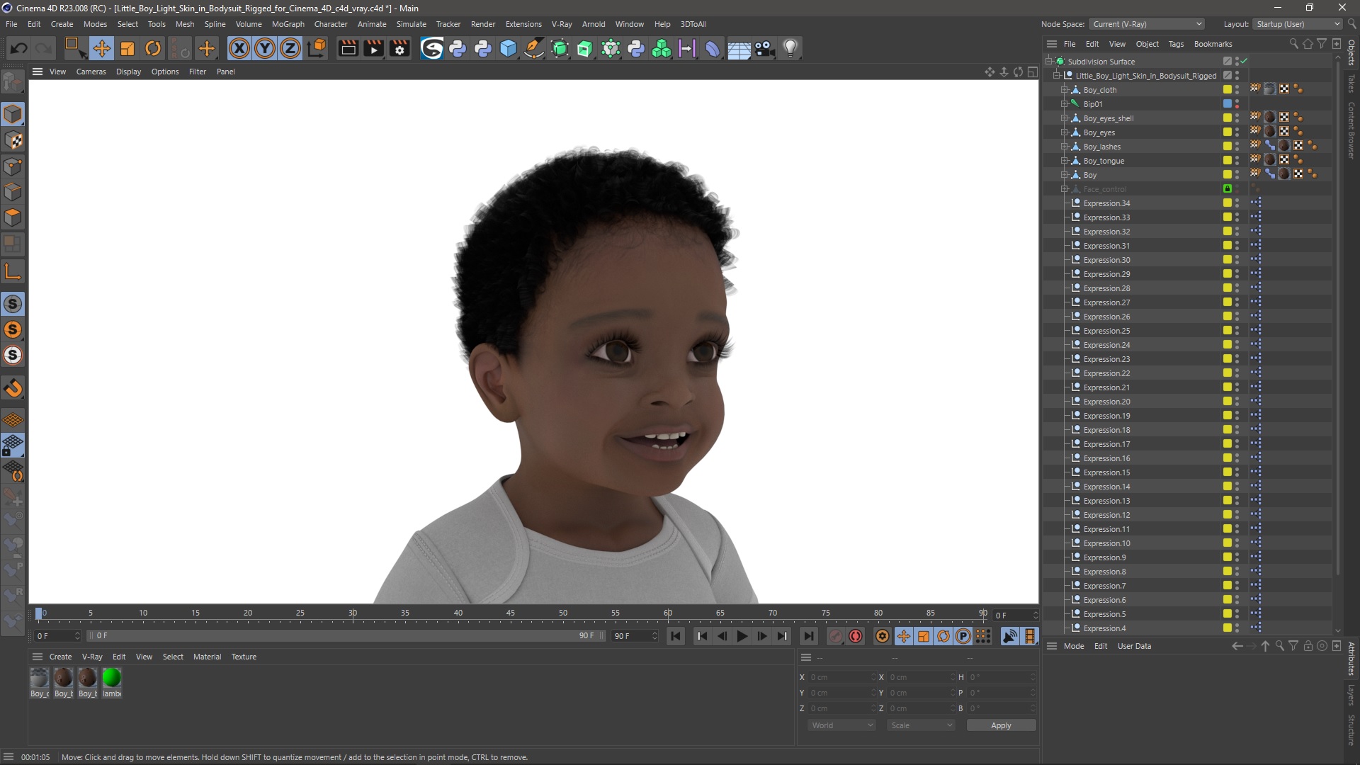 Little Boy Light Skin in Bodysuit Rigged for Cinema 4D 3D model