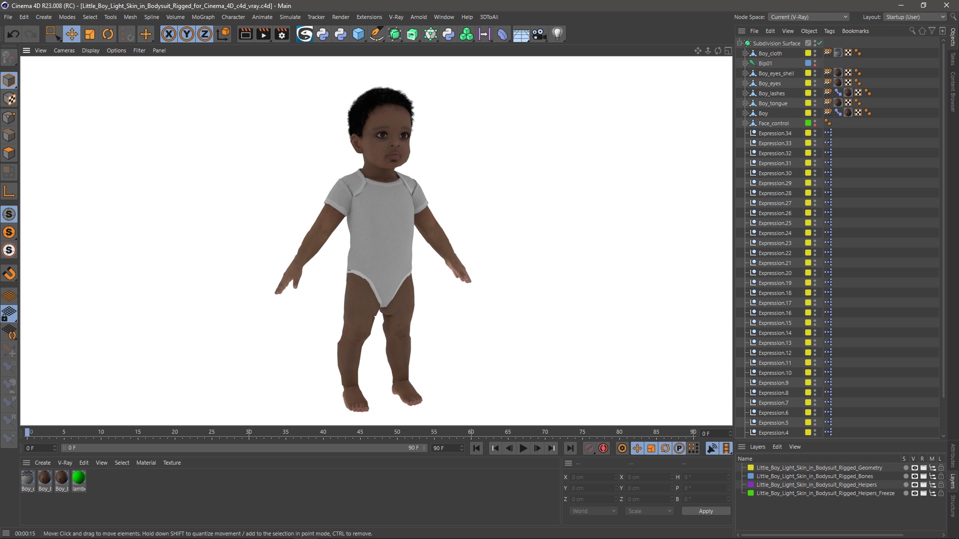 Little Boy Light Skin in Bodysuit Rigged for Cinema 4D 3D model
