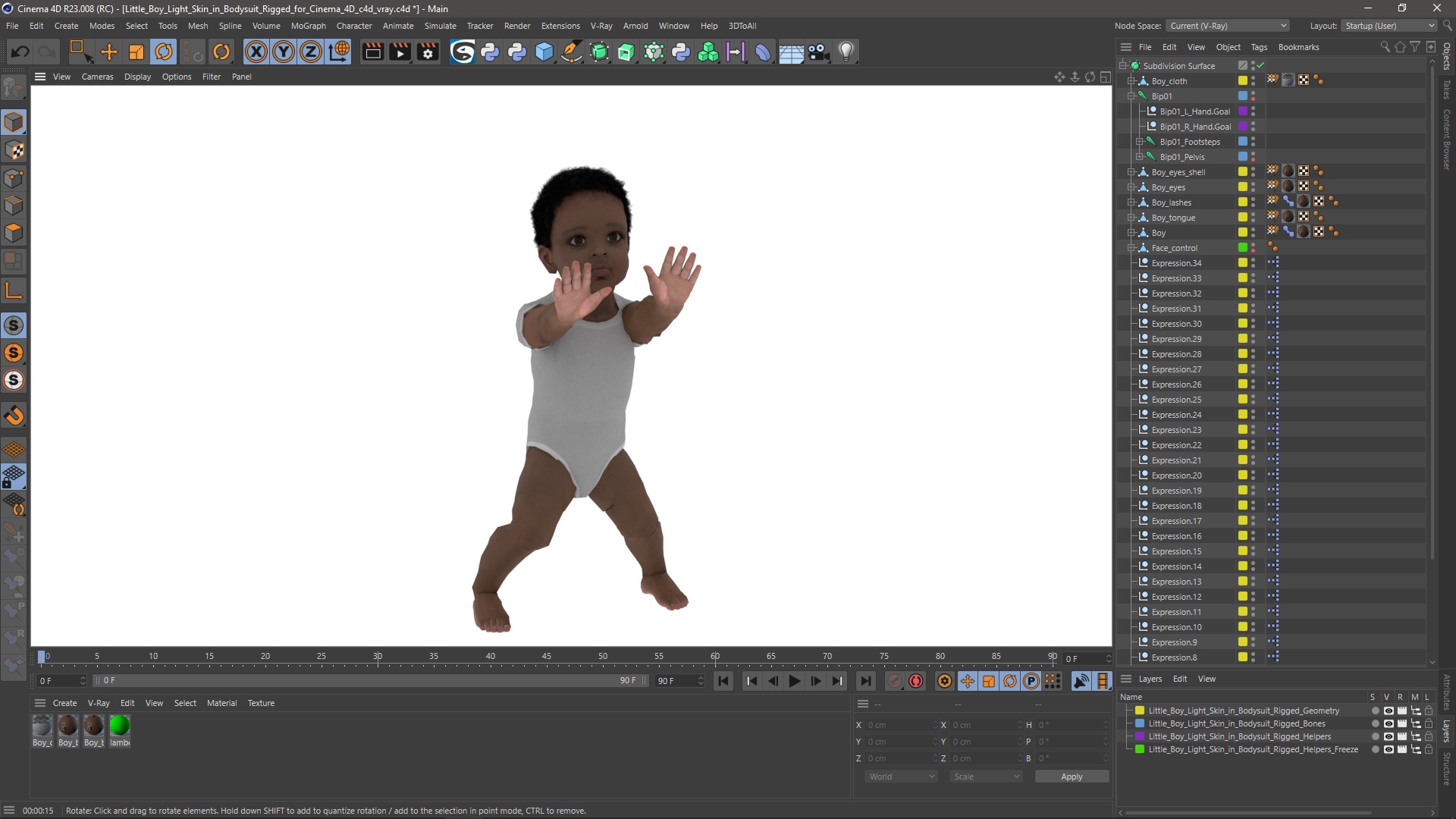 Little Boy Light Skin in Bodysuit Rigged for Cinema 4D 3D model