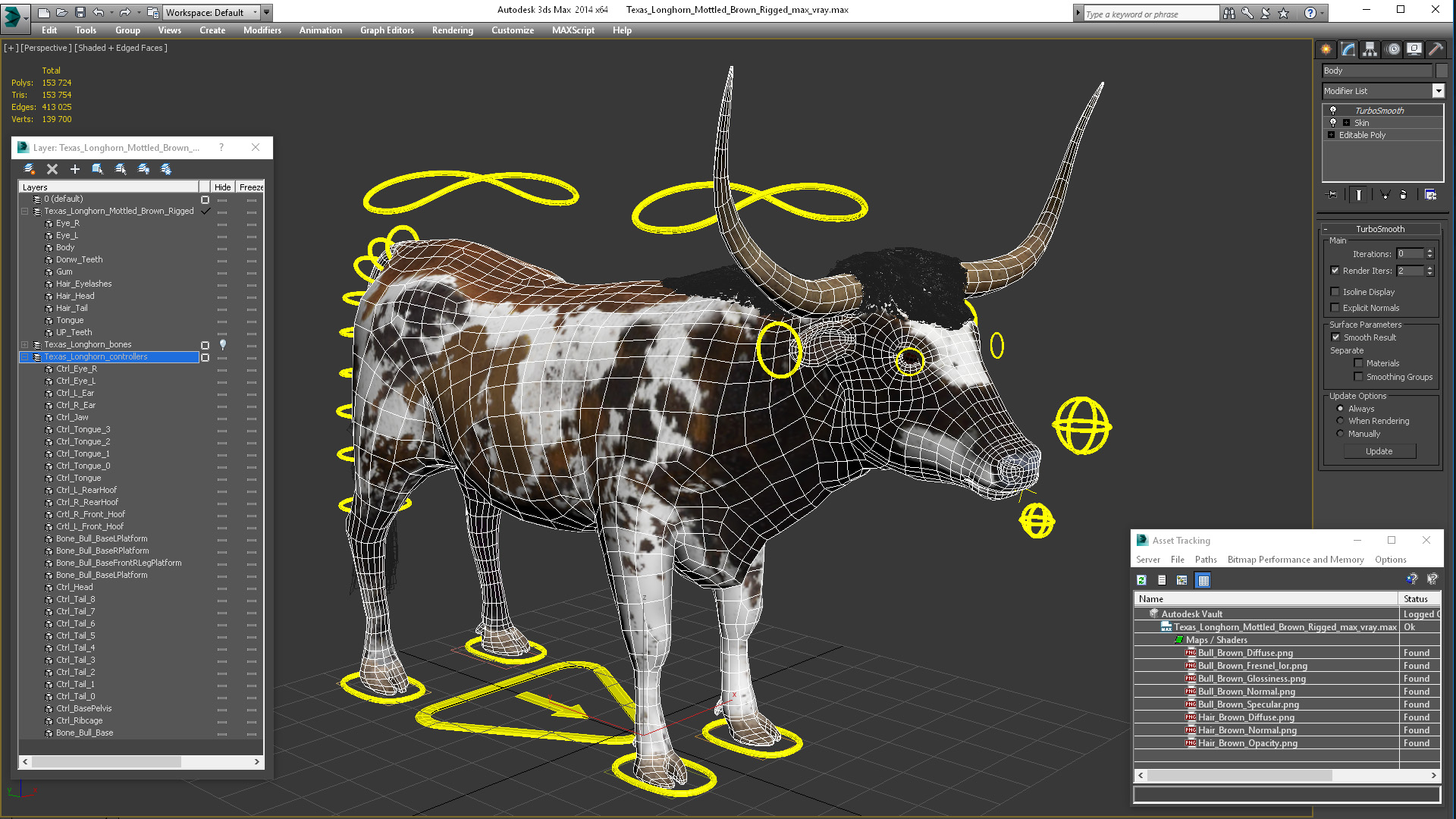 Texas Longhorn Mottled Brown Rigged for Cinema 4D 3D model