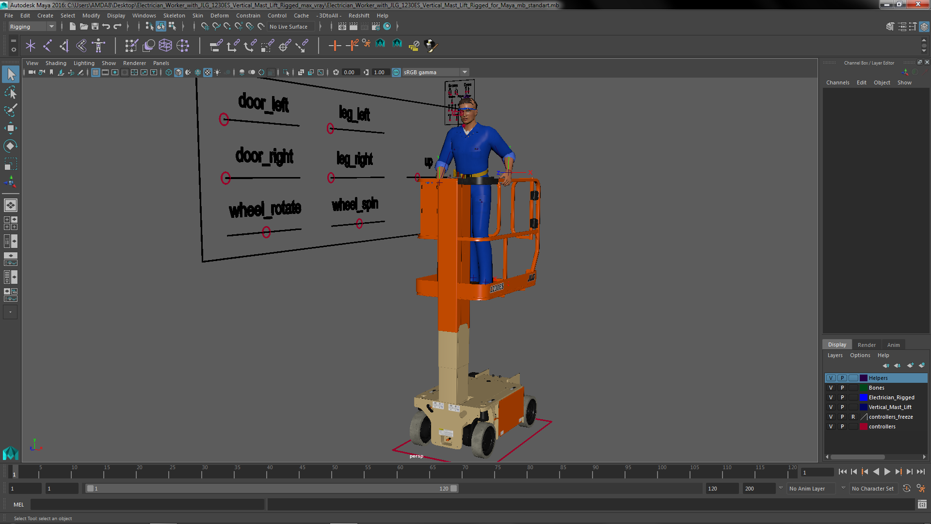 3D model Electrician Worker with JLG 1230ES Vertical Mast Lift Rigged
