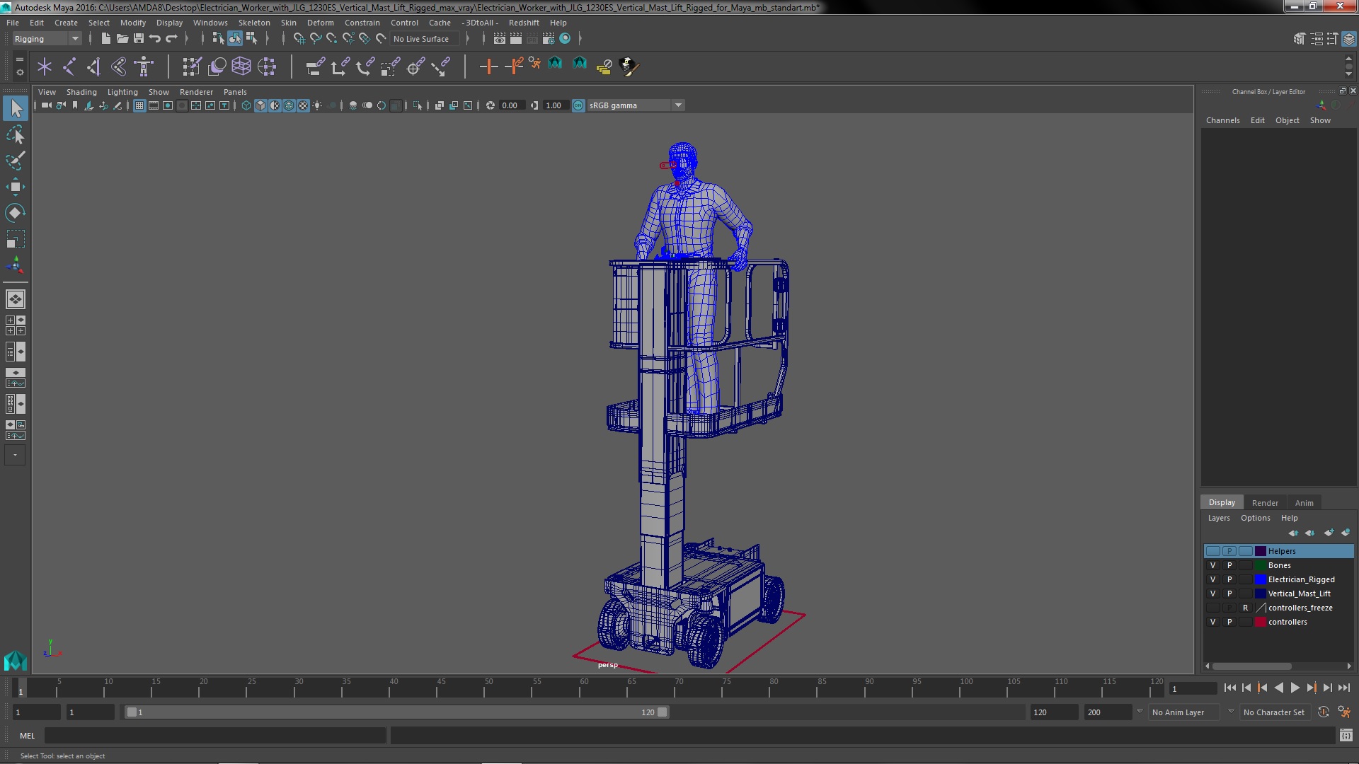 3D model Electrician Worker with JLG 1230ES Vertical Mast Lift Rigged