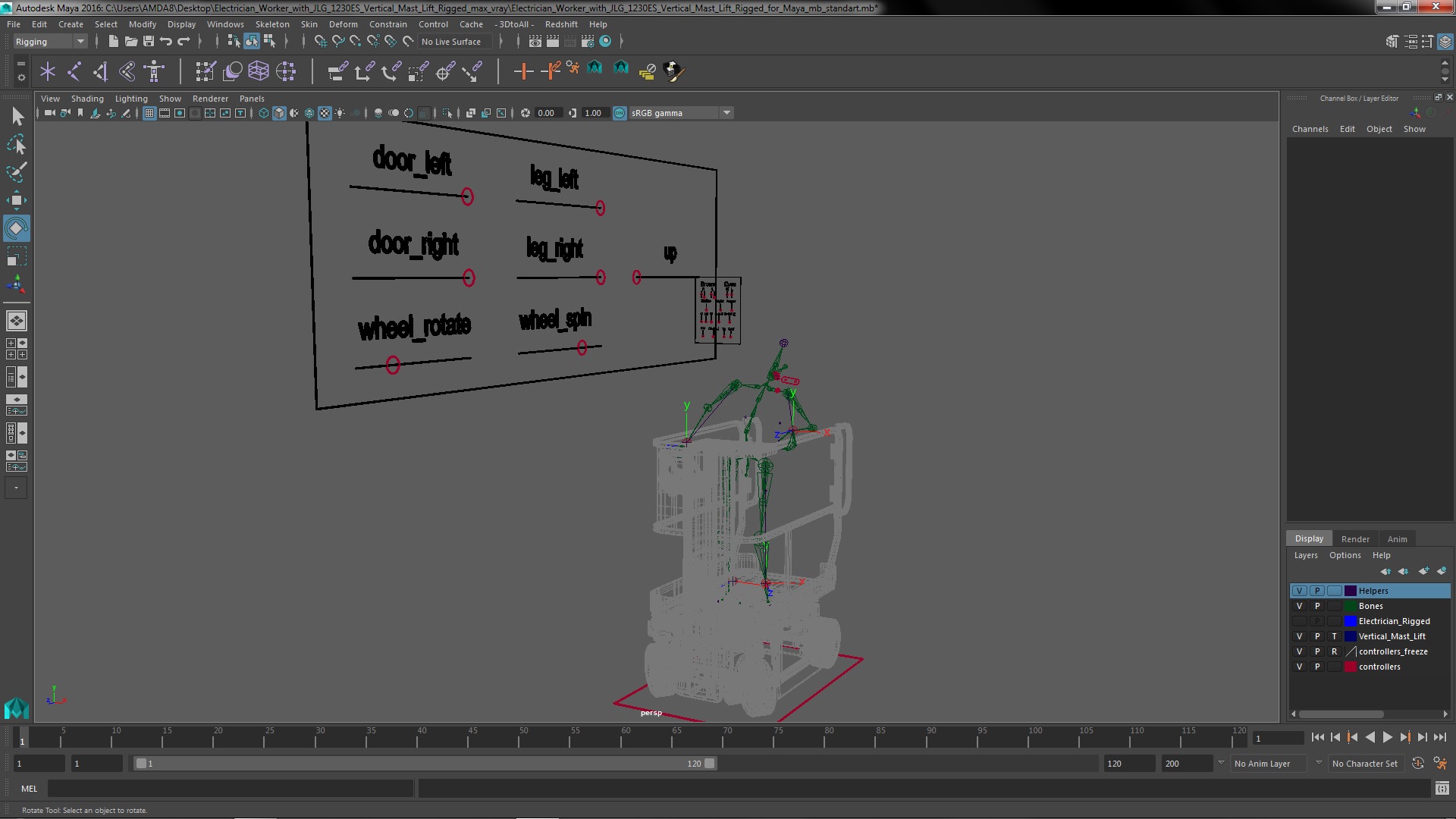 3D model Electrician Worker with JLG 1230ES Vertical Mast Lift Rigged